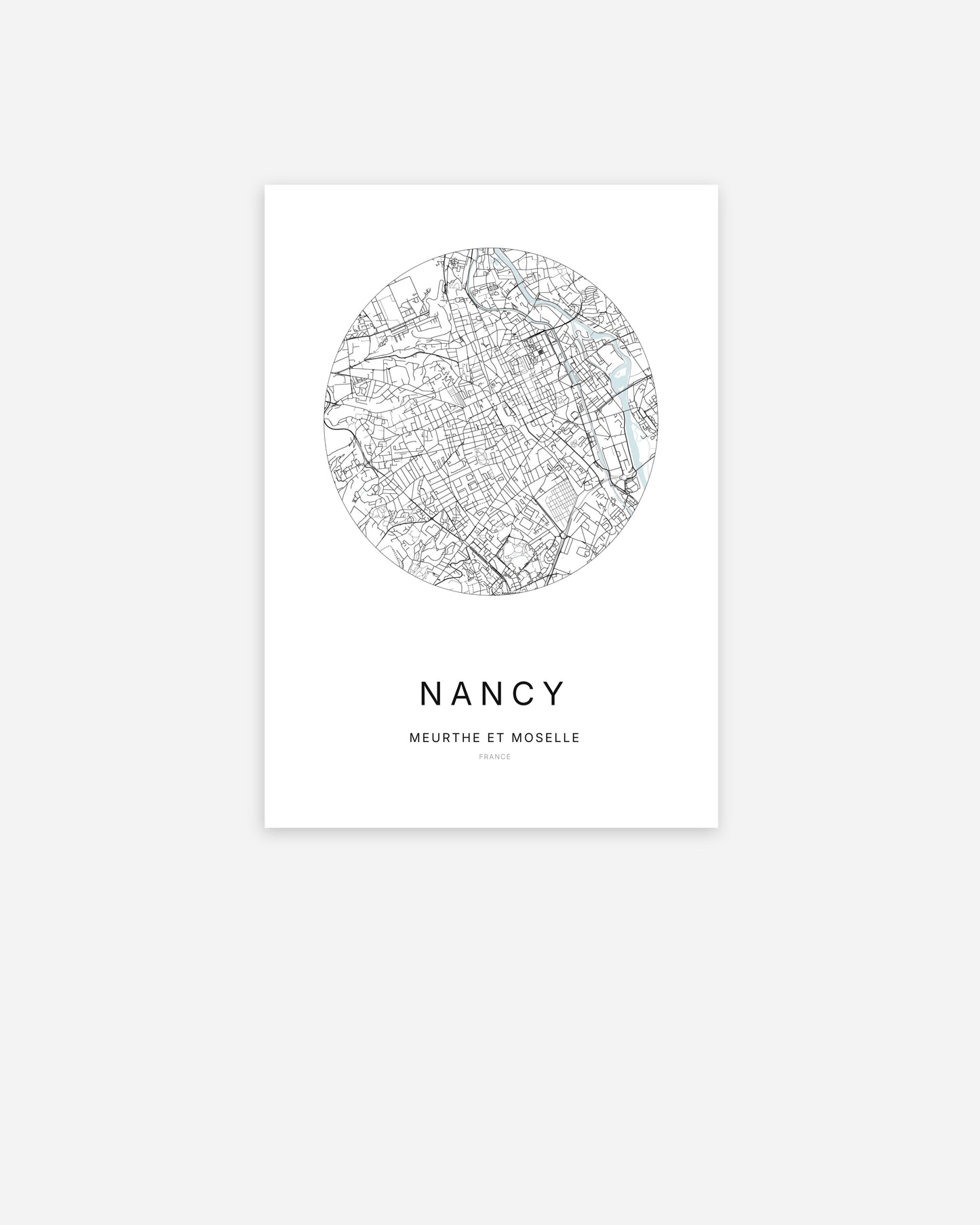 Affiche minimaliste de Nancy représentant le plan de la ville en design épuré