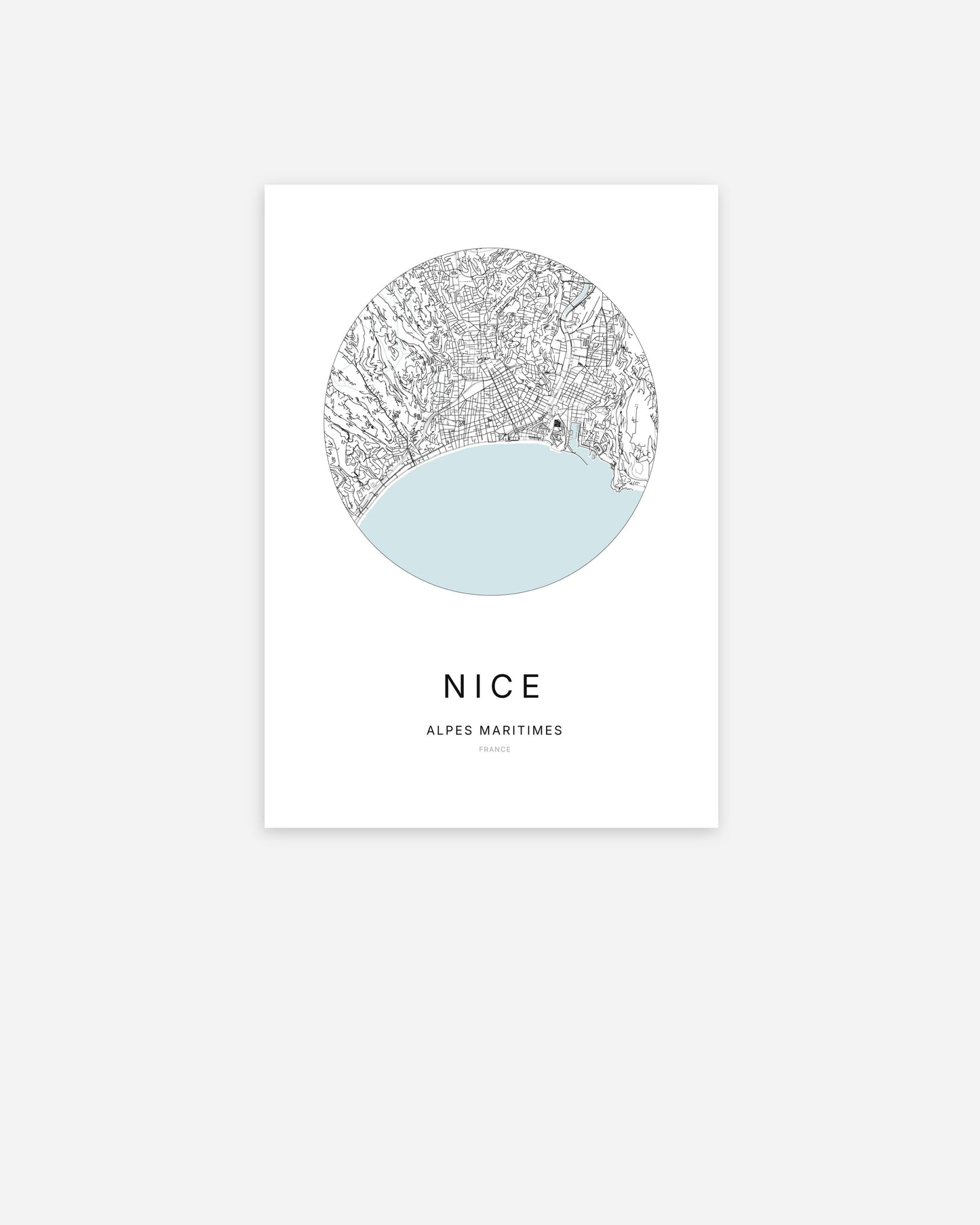 Affiche minimaliste de Nice représentant le plan de la ville en design épuré.