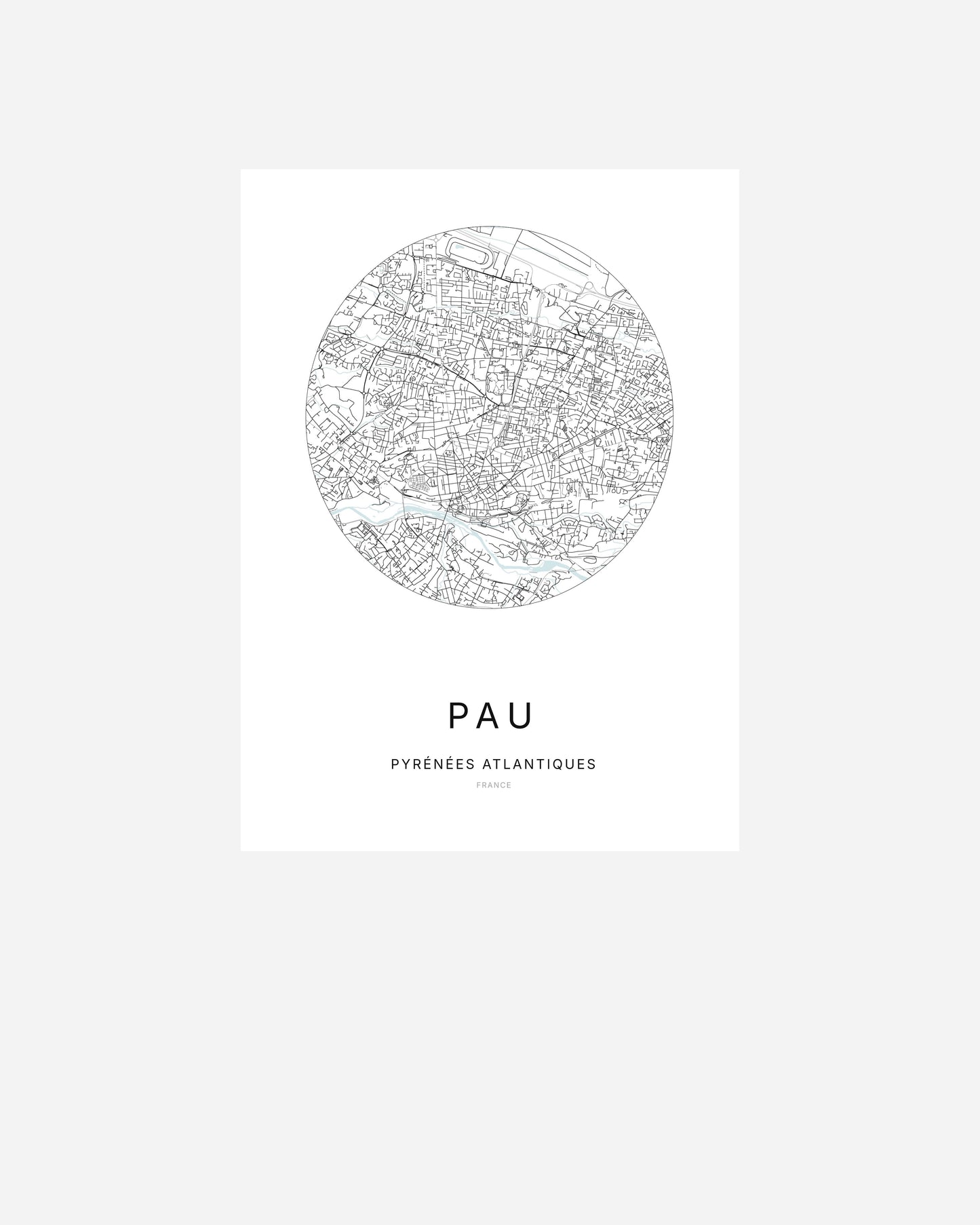 Affiche minimaliste de Pau représentant le plan de la ville en design épuré.