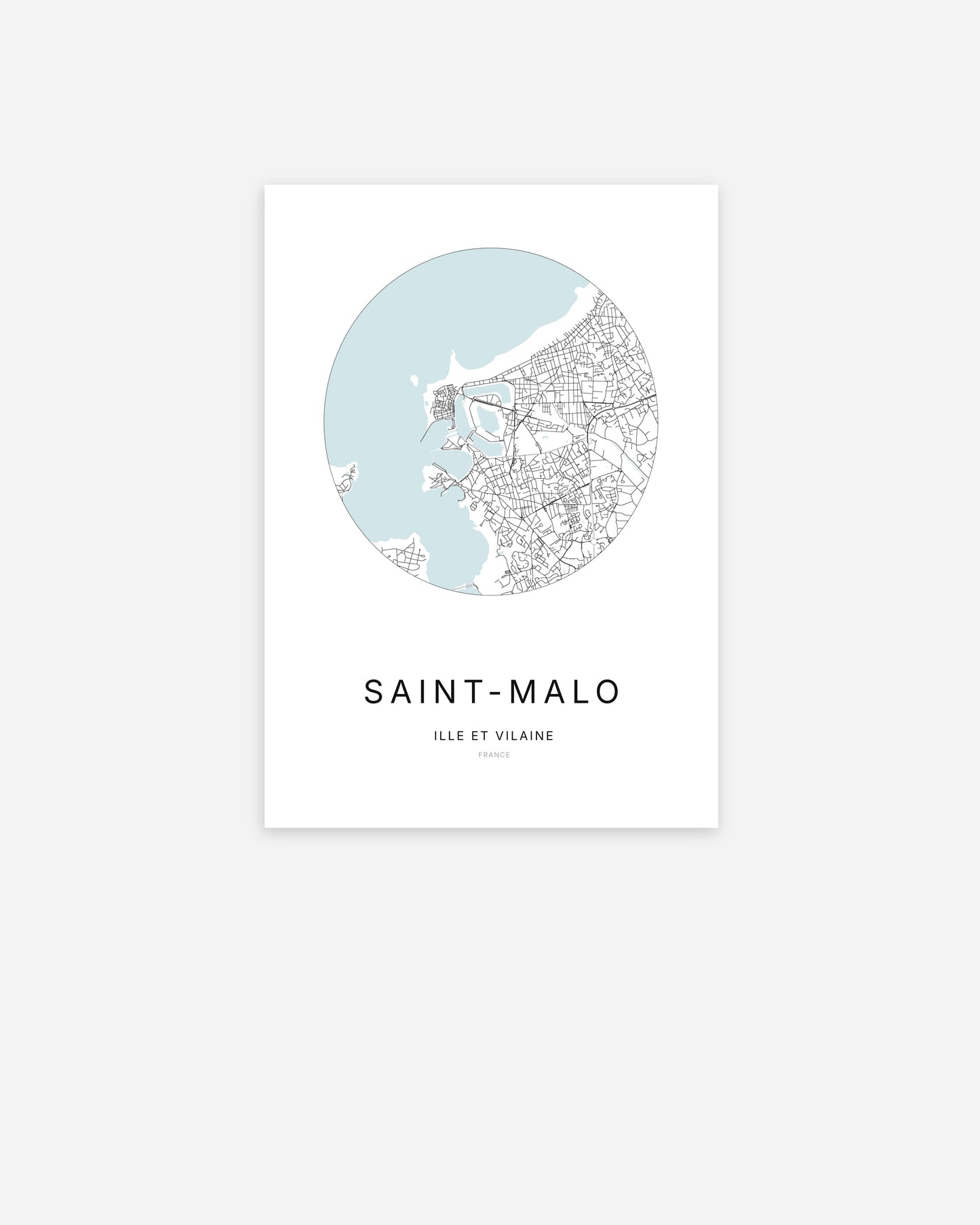 Affiche minimaliste de Saint-Malo représentant le plan de la ville en design épuré.