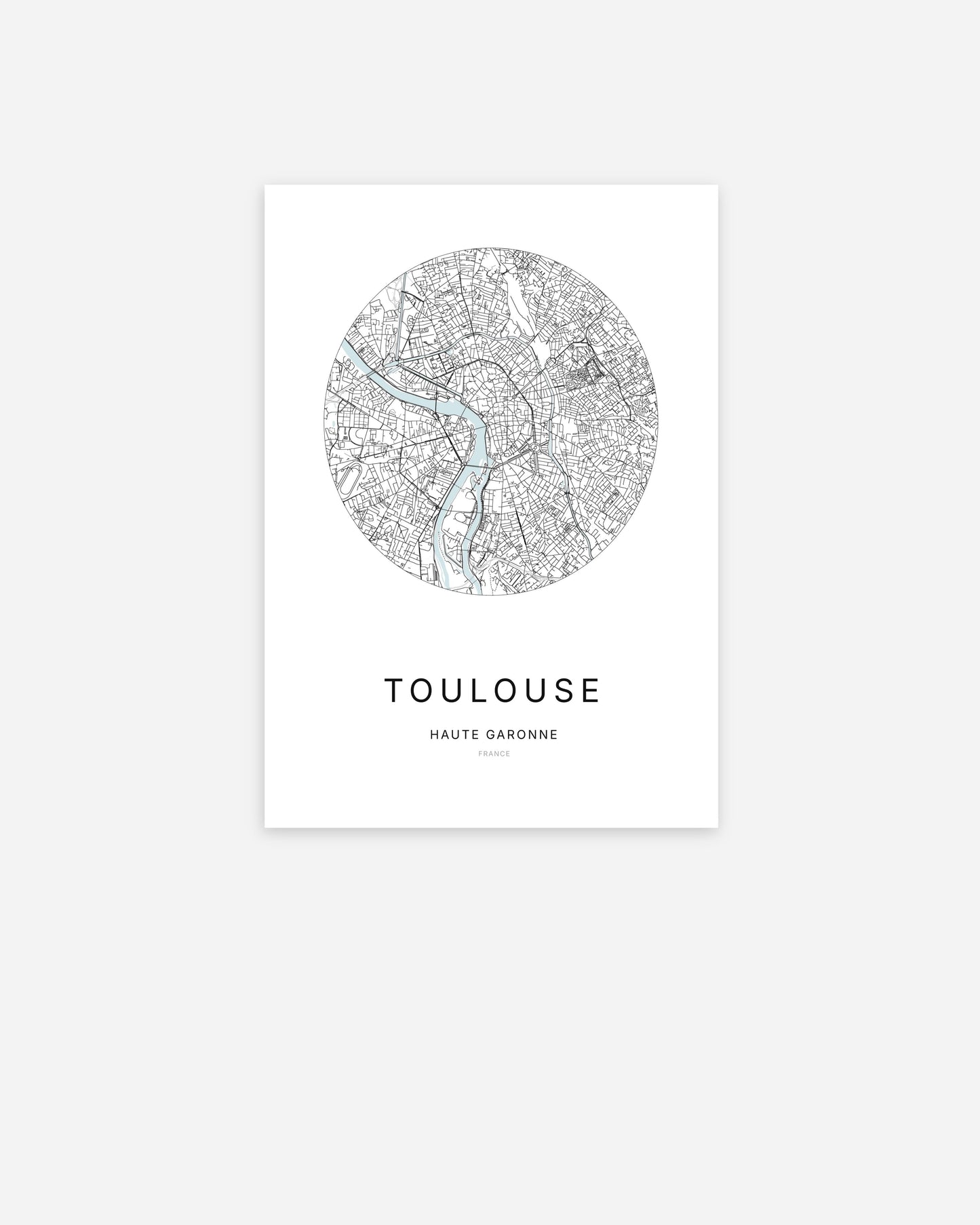Affiche minimaliste de Toulouse représentant le plan de la ville en design épuré.