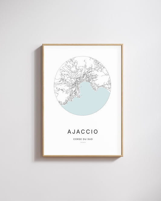 Affiche minimaliste d’Ajaccio – carte et plan de la ville, poster décoratif City Origin.