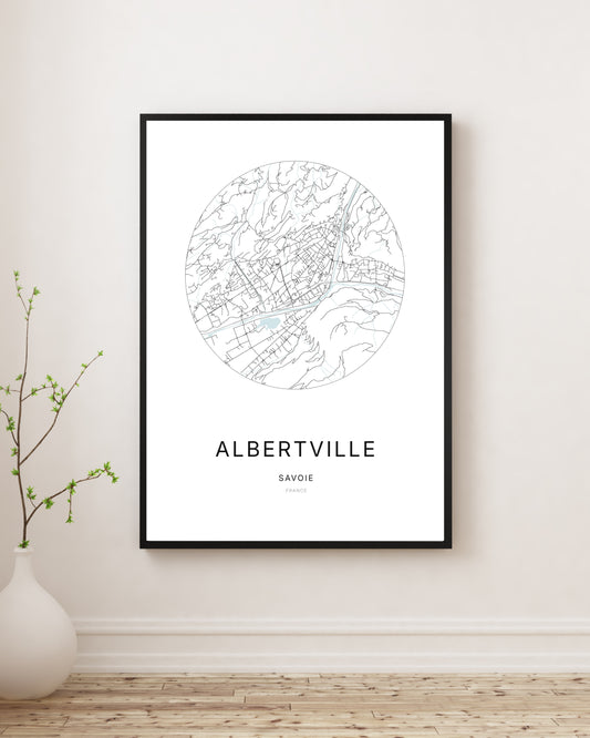Affiche plan de ville minimaliste d’Albertville encadrée en noir.