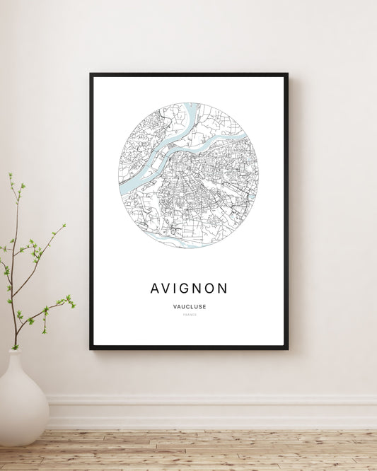 Affiche plan de ville minimaliste d’Avignon encadrée en noir.