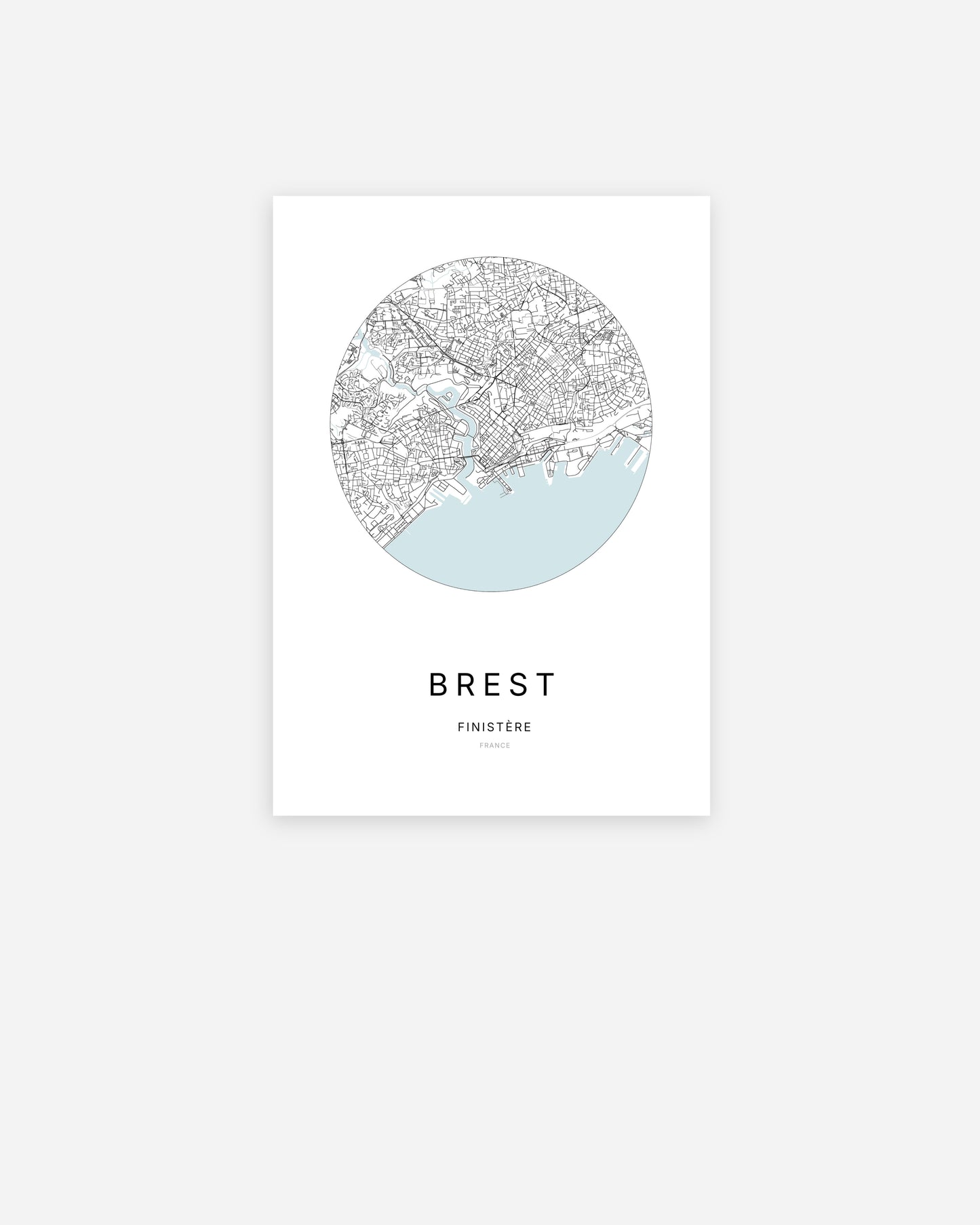Affiche minimaliste de Brest représentant le plan de la ville en design épuré.