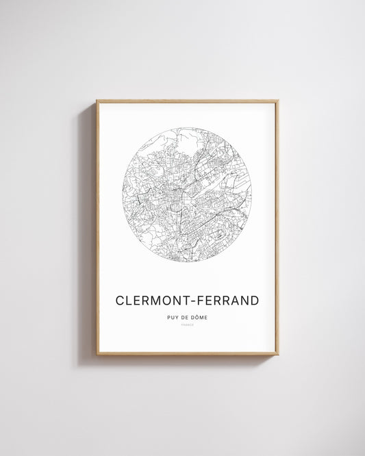 Affiche minimaliste de Clermont-Ferrand – carte et plan de la ville, poster décoratif City Origin.