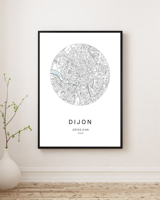 Affiche plan de ville minimaliste de Dijon encadrée en noir.