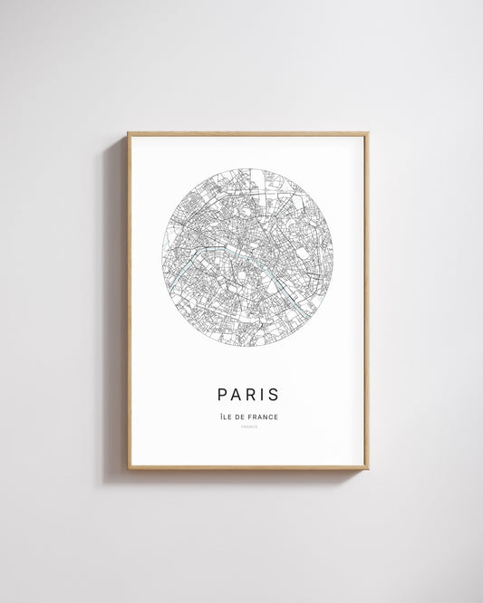 Affiche minimaliste de Paris – carte et plan de la ville, poster décoratif City Origin.