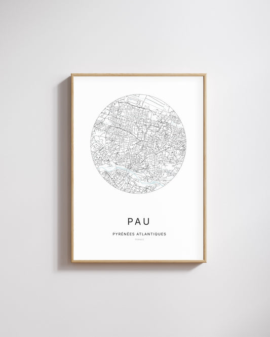 Affiche minimaliste de Pau – carte et plan de la ville, poster décoratif City Origin.