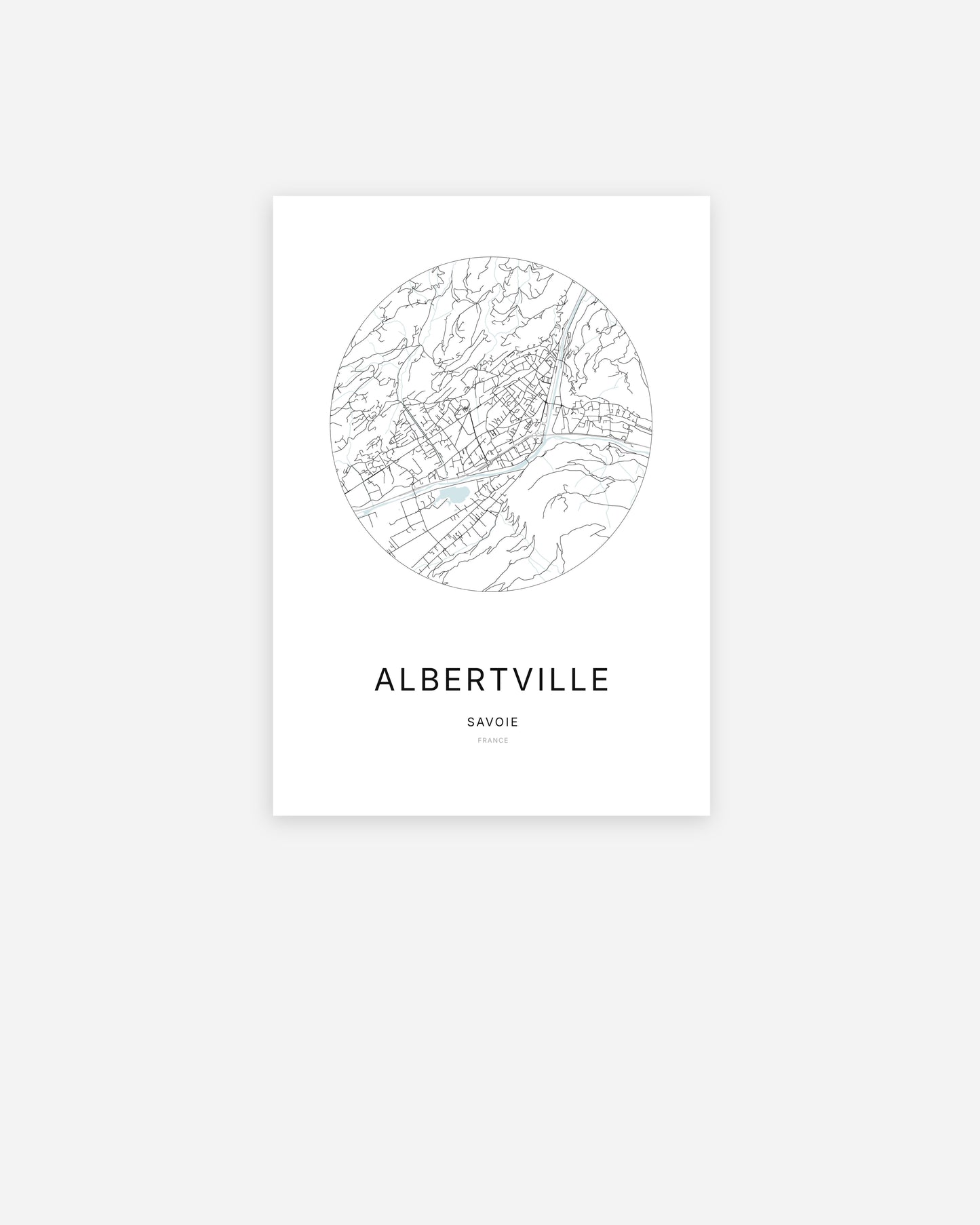 Affiche minimaliste d’Albertville représentant le plan de la ville en design épuré.