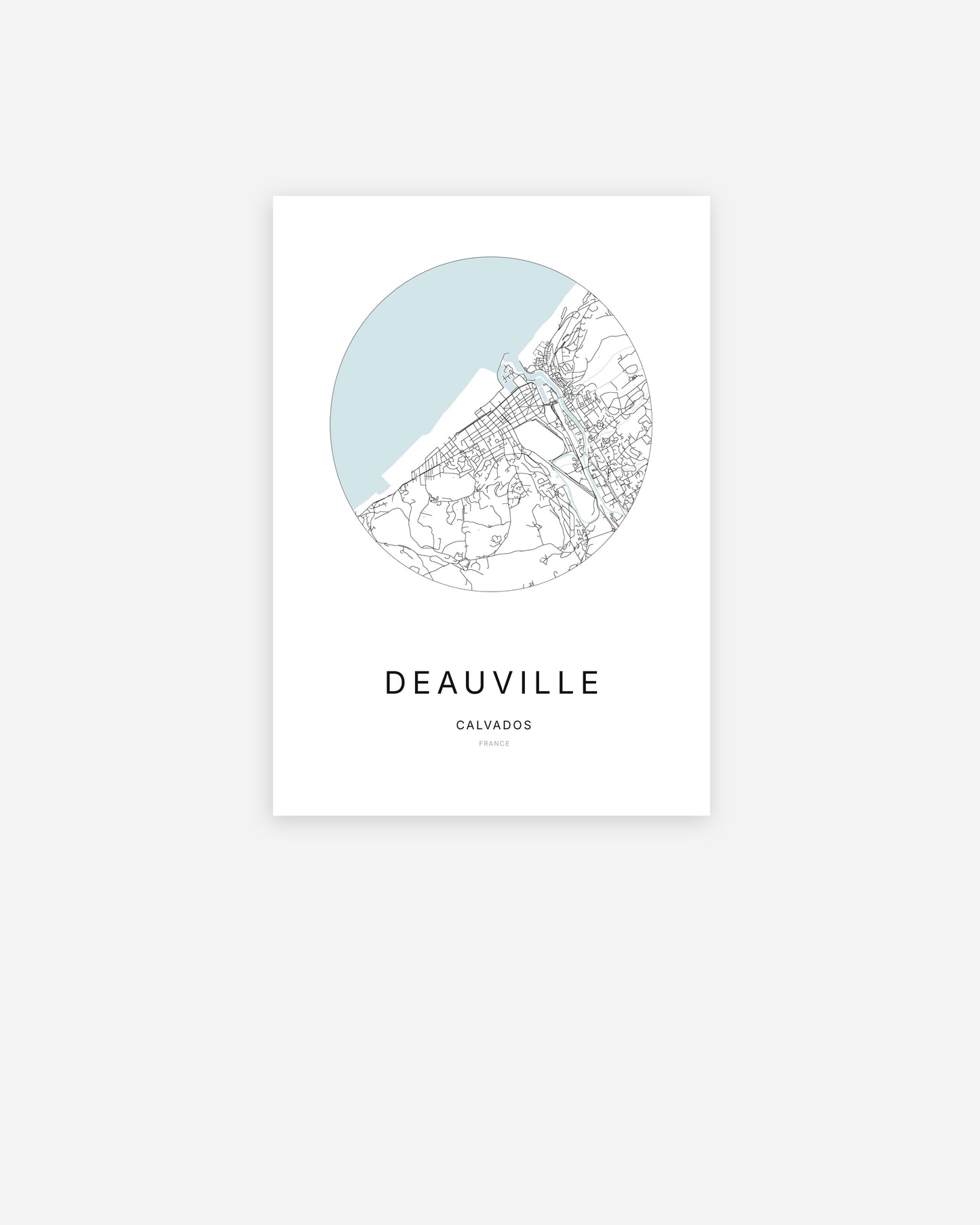 Affiche minimaliste de Deauville représentant le plan de la ville en design épuré.