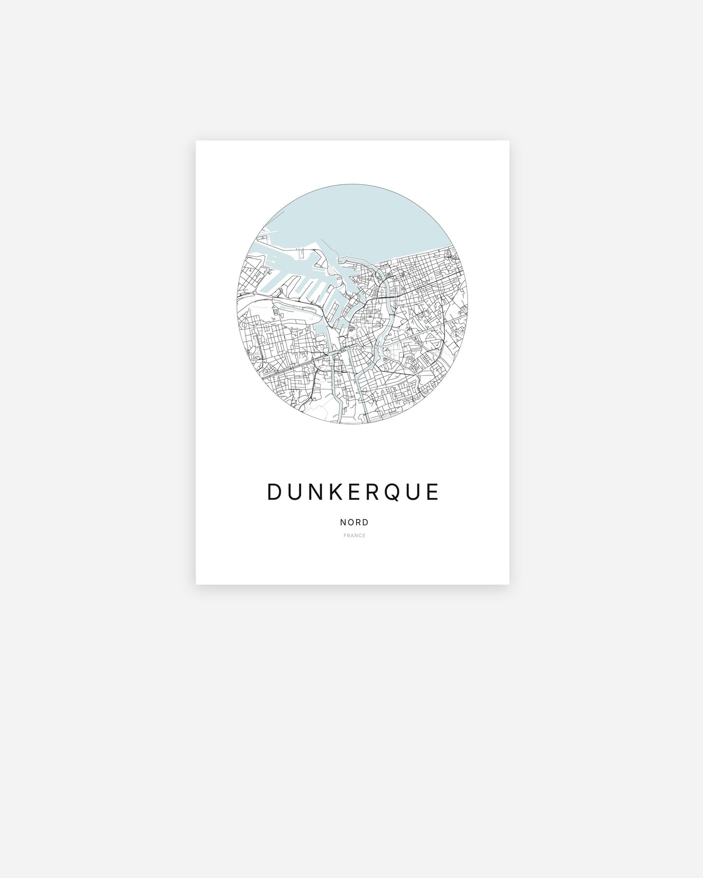 Affiche minimaliste de Dunkerque représentant le plan de la ville en design épuré.