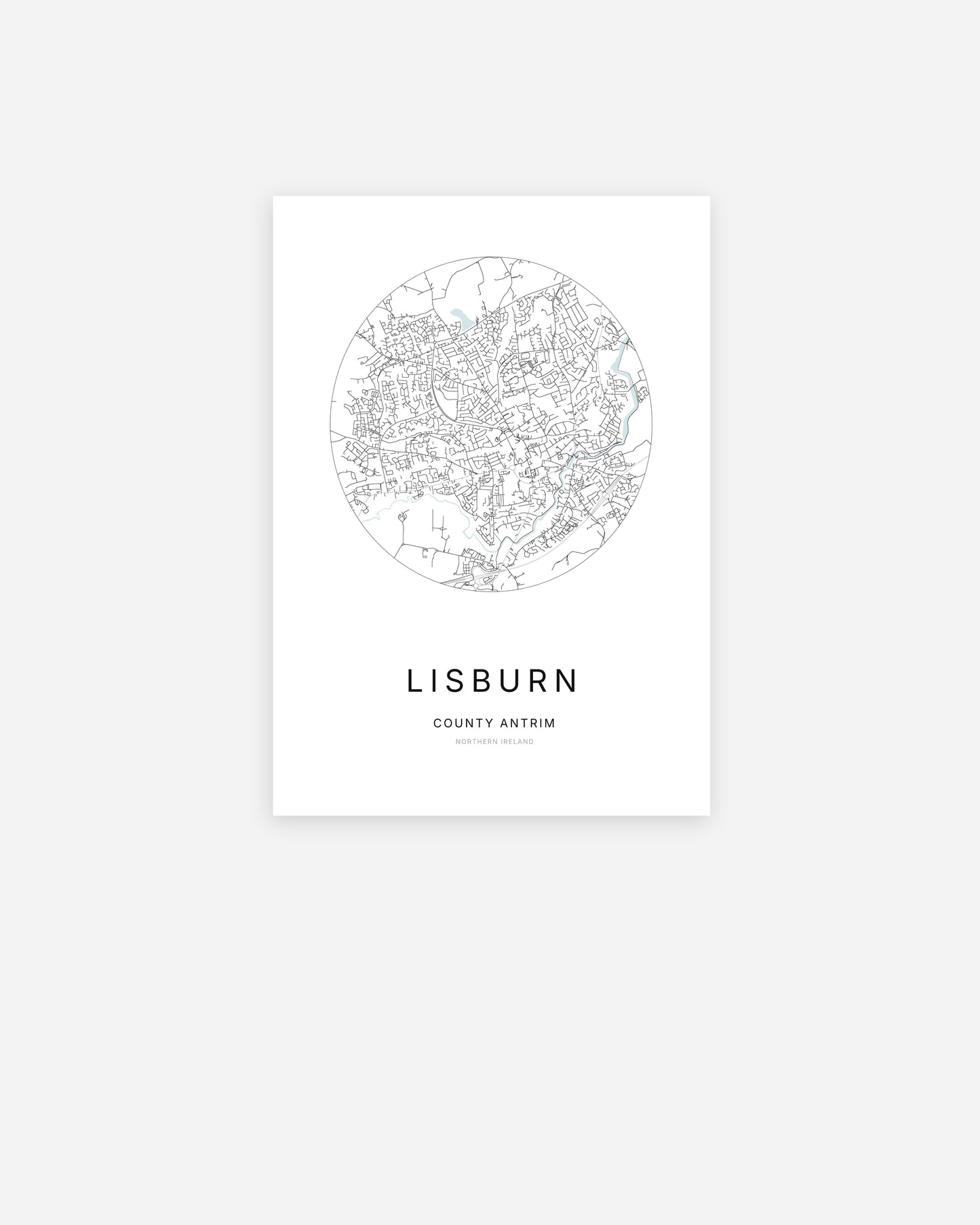 Plan de la ville de Lisburn au design minimaliste.