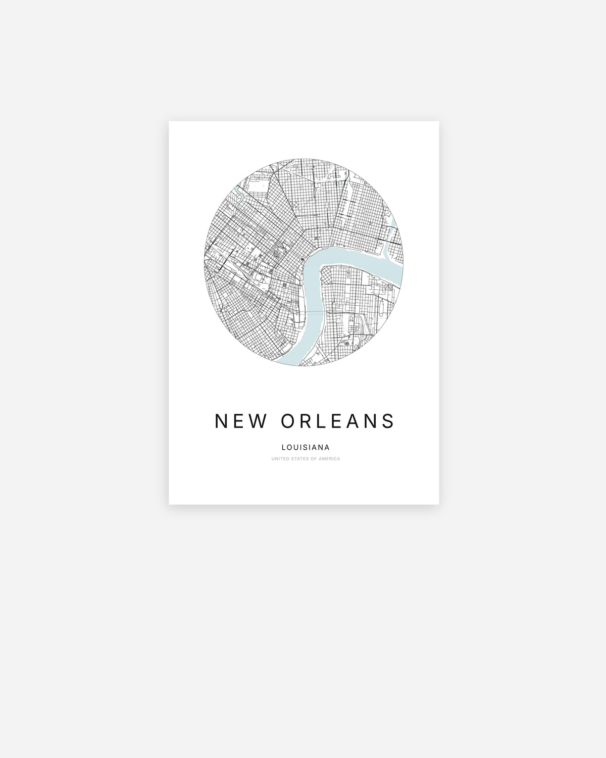 Minimalist city map of New Orleans, Louisiana.