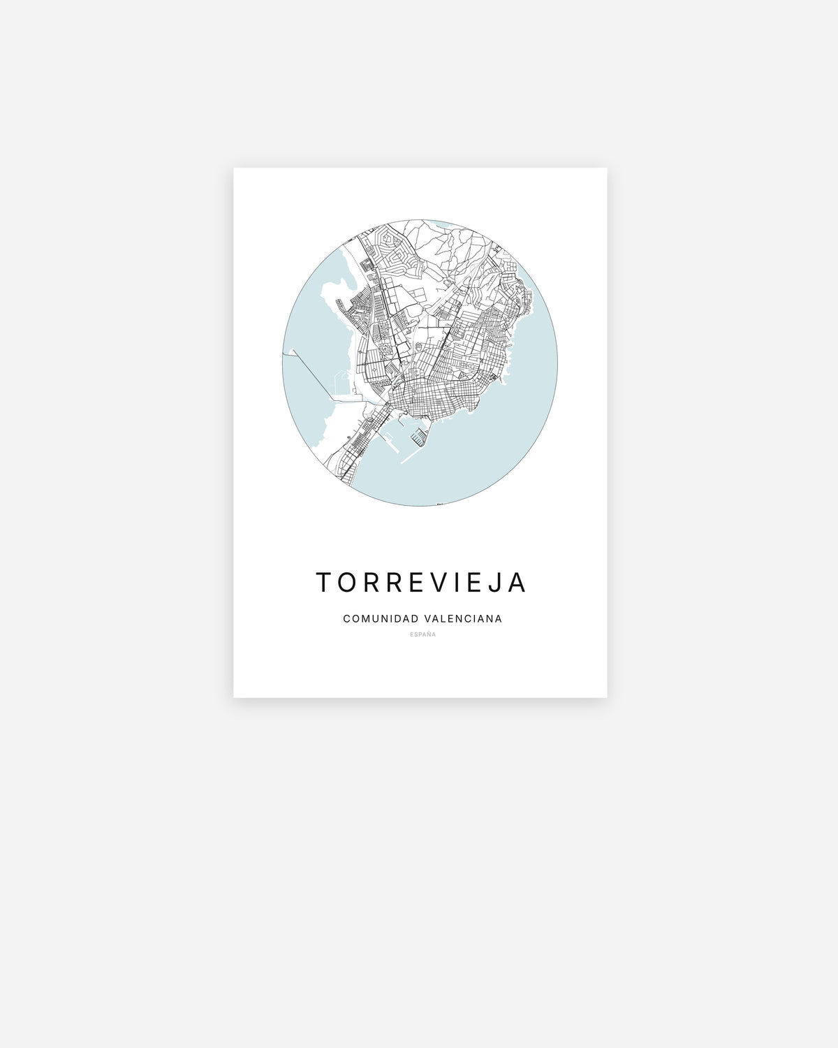 Mapa de la ciudad de Torrevieja con diseño minimalista.
