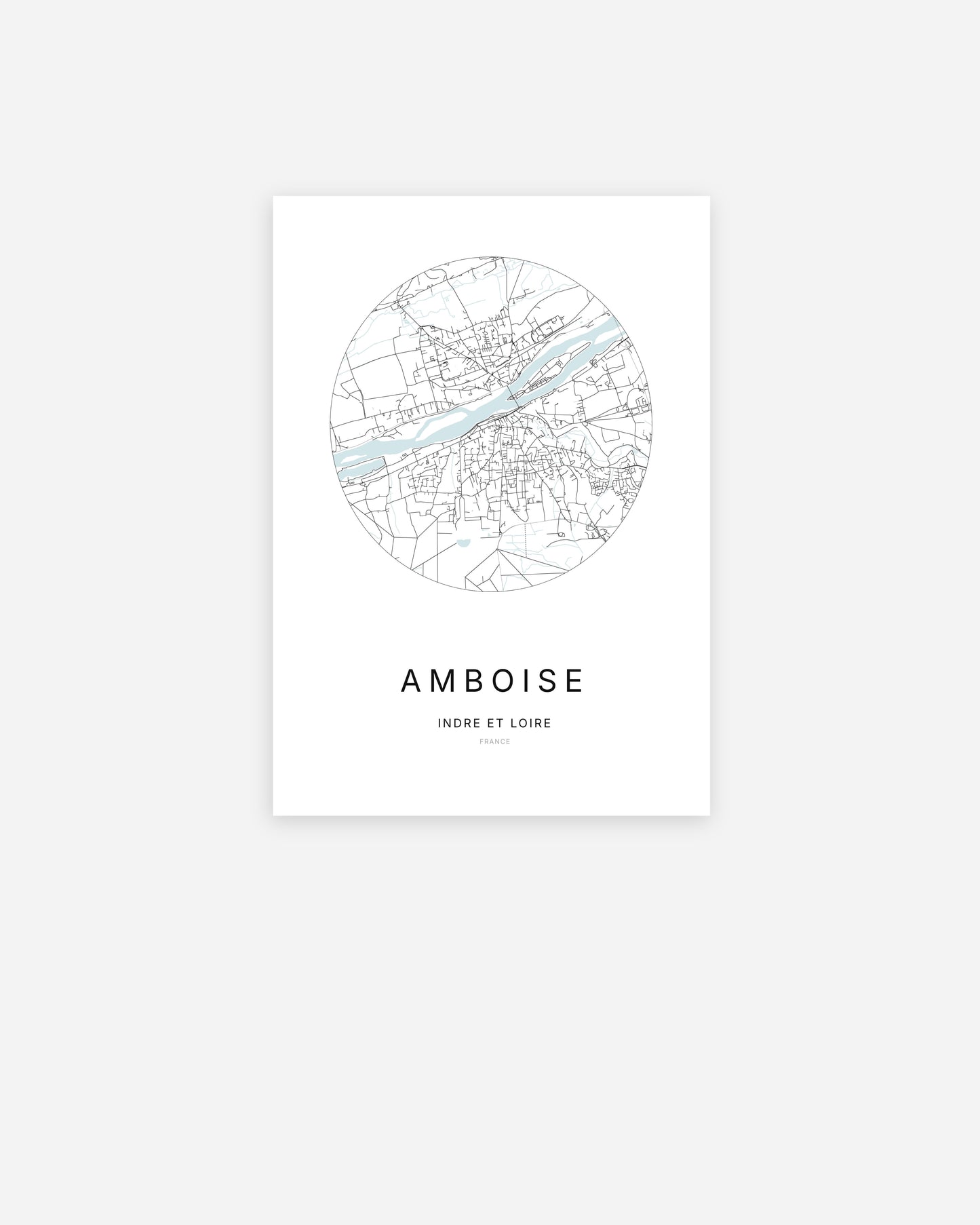 Affiche minimaliste d’Amboise représentant le plan de la ville en design épuré.