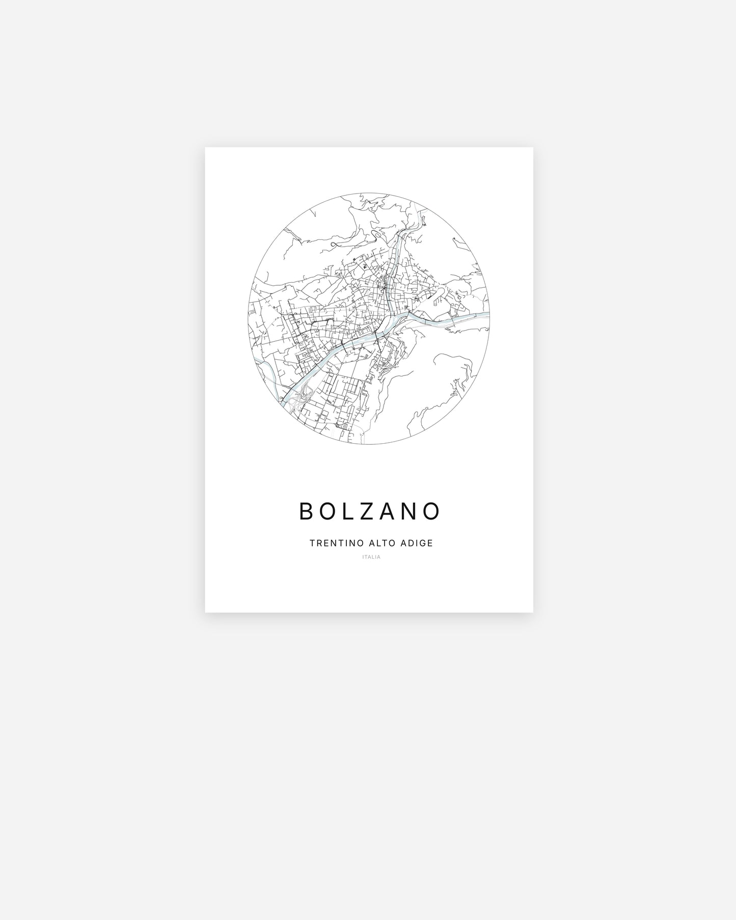 Affiche minimaliste de Bolzano représentant le plan de la ville en design épuré.