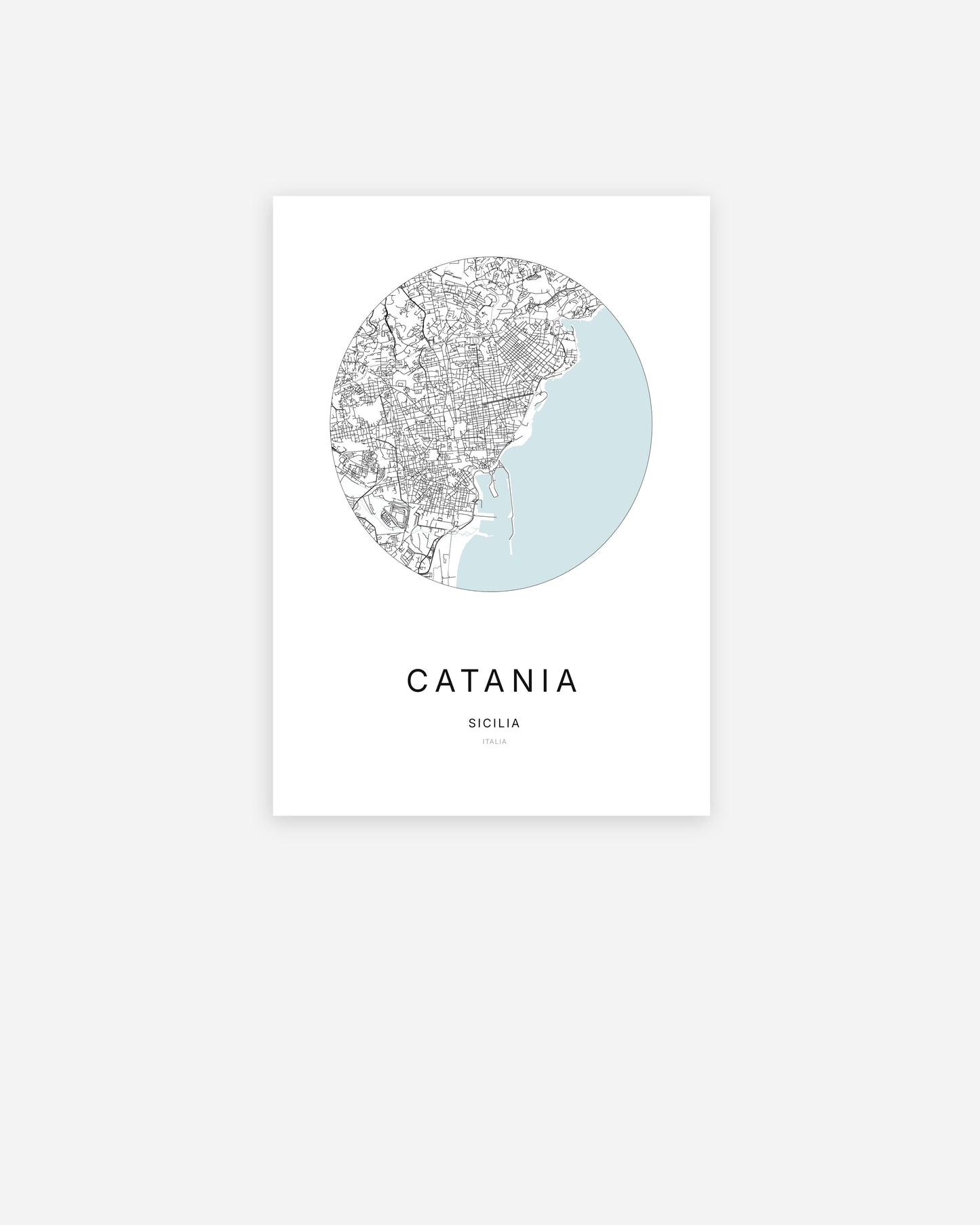 Affiche minimaliste de Catania représentant le plan de la ville en design épuré.