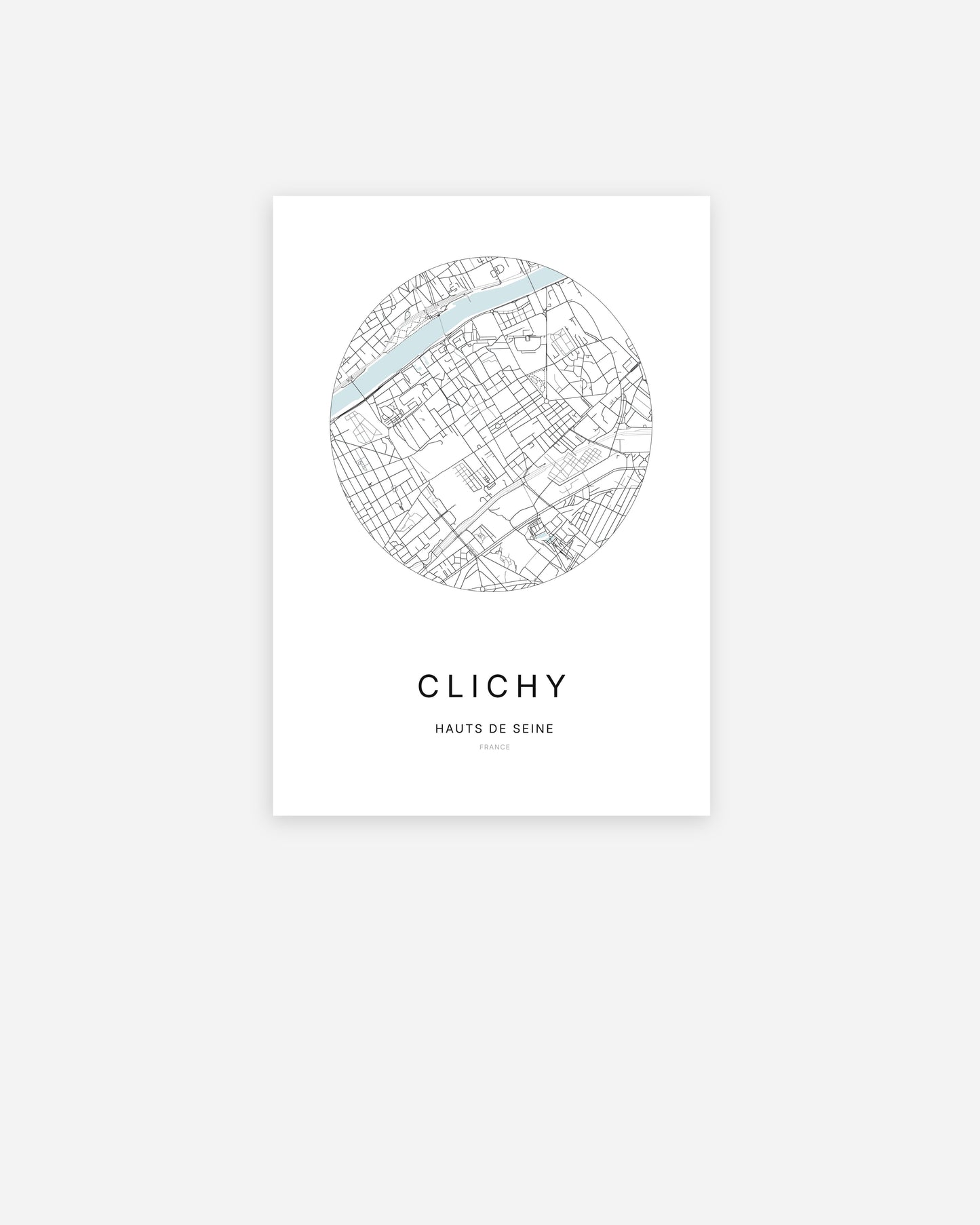 Affiche minimaliste de Clichy représentant le plan de la ville en design épuré
