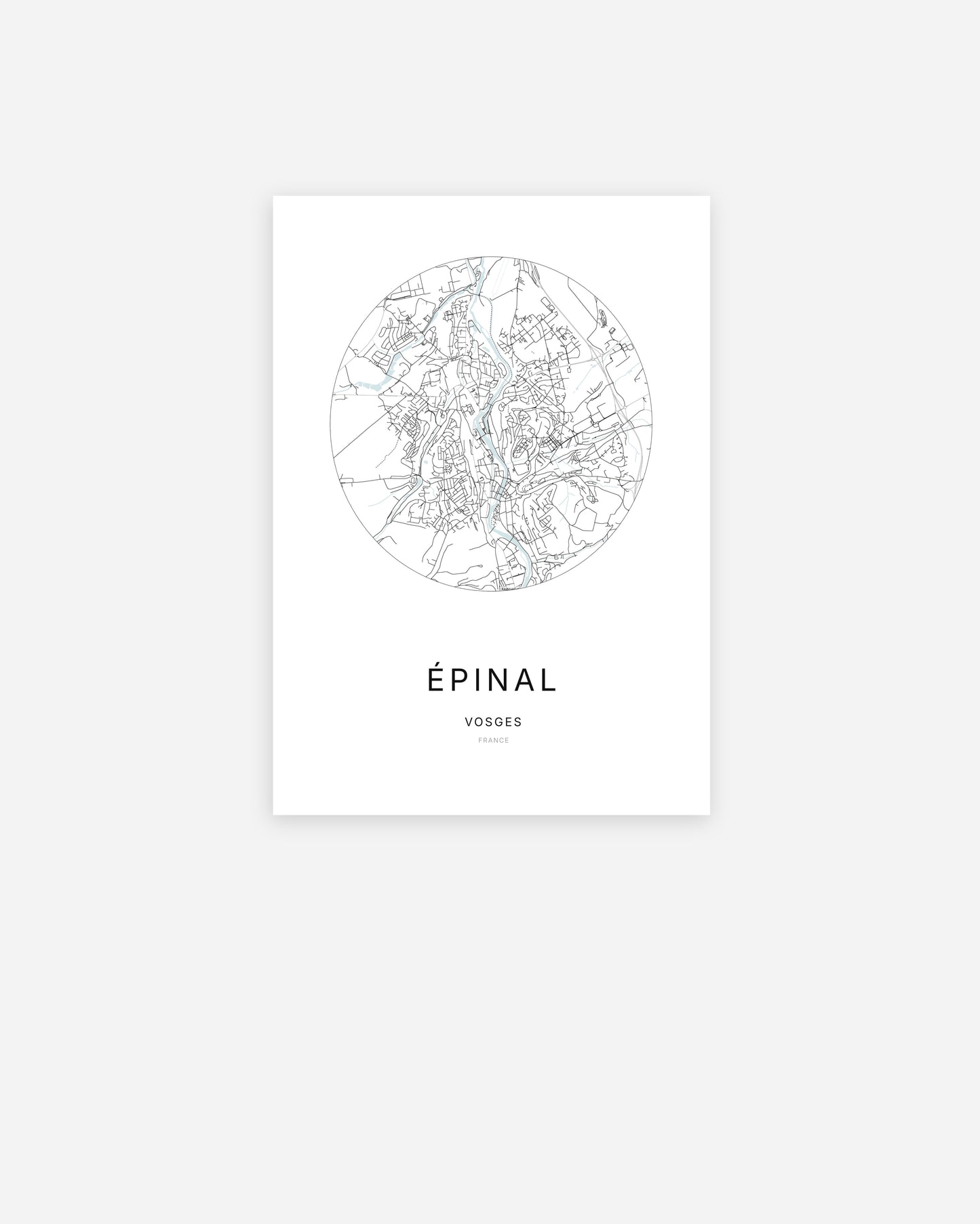 Affiche minimaliste d’Épinal représentant le plan de la ville en design épuré.
