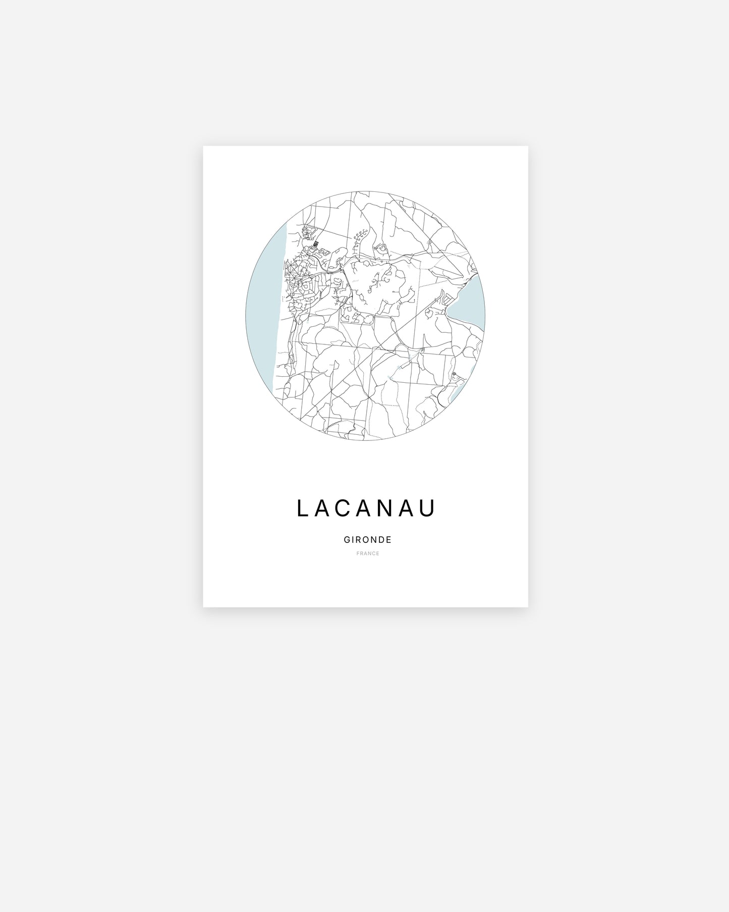 Affiche minimaliste de Lacanau représentant le plan de la ville en design épuré.