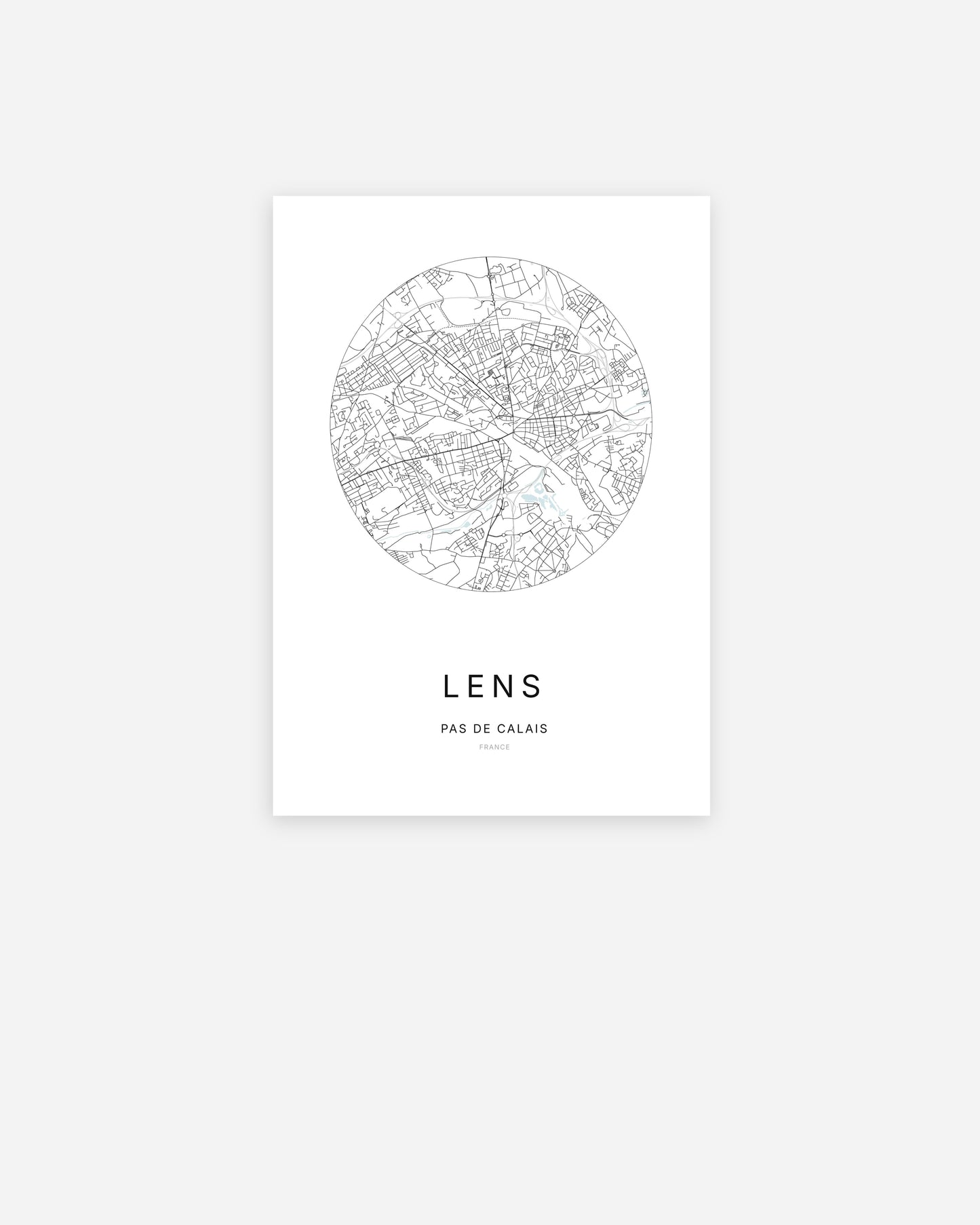 Affiche minimaliste de Lens représentant le plan de la ville en design épuré.