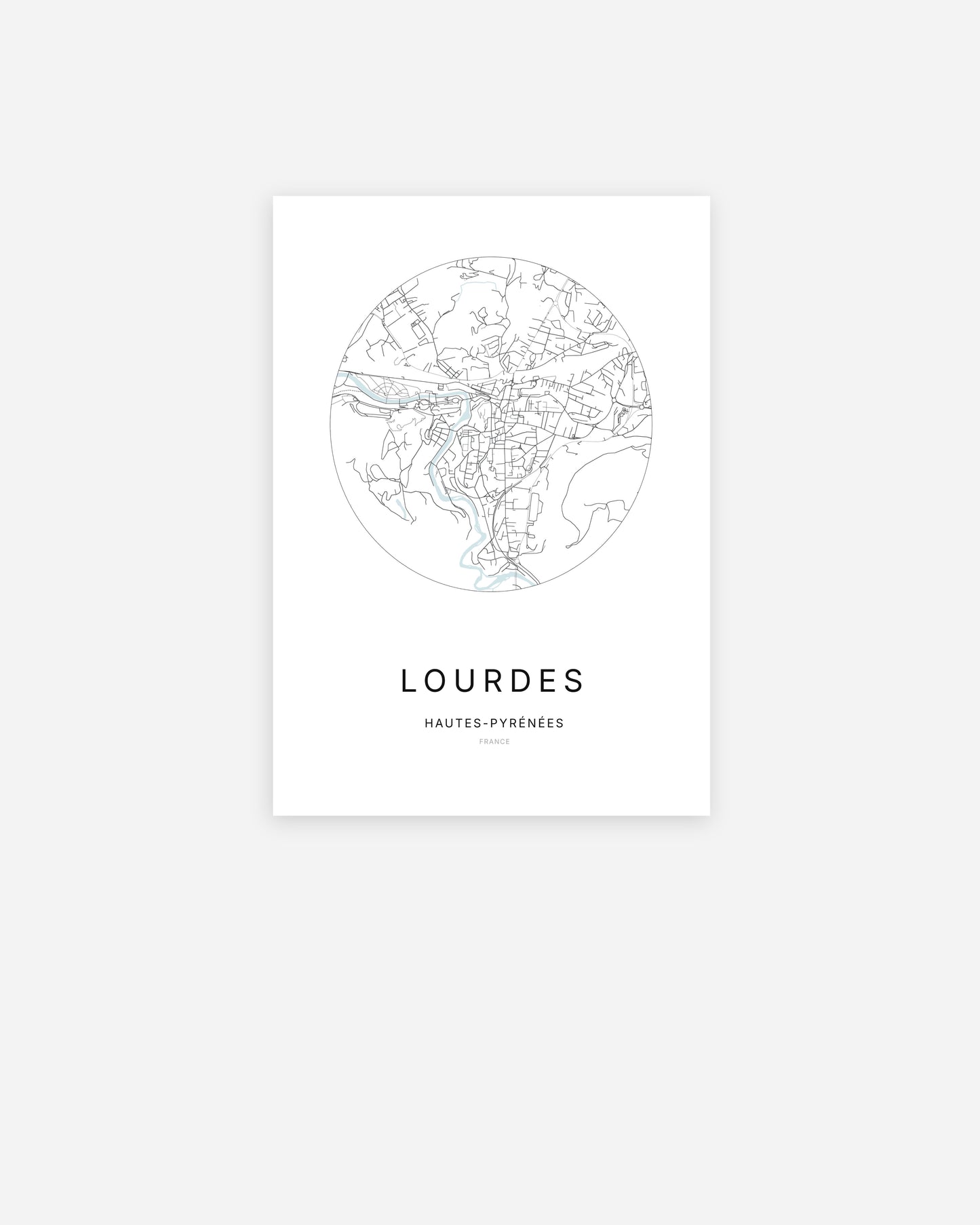 Affiche minimaliste de Lourdes représentant le plan de la ville en design épuré.