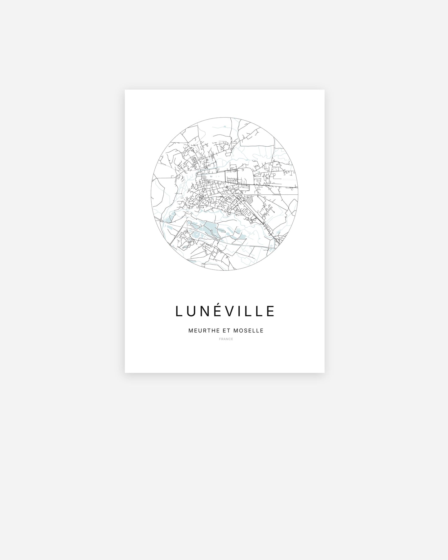 Affiche minimaliste de Lunéville représentant le plan de la ville en design épuré.
