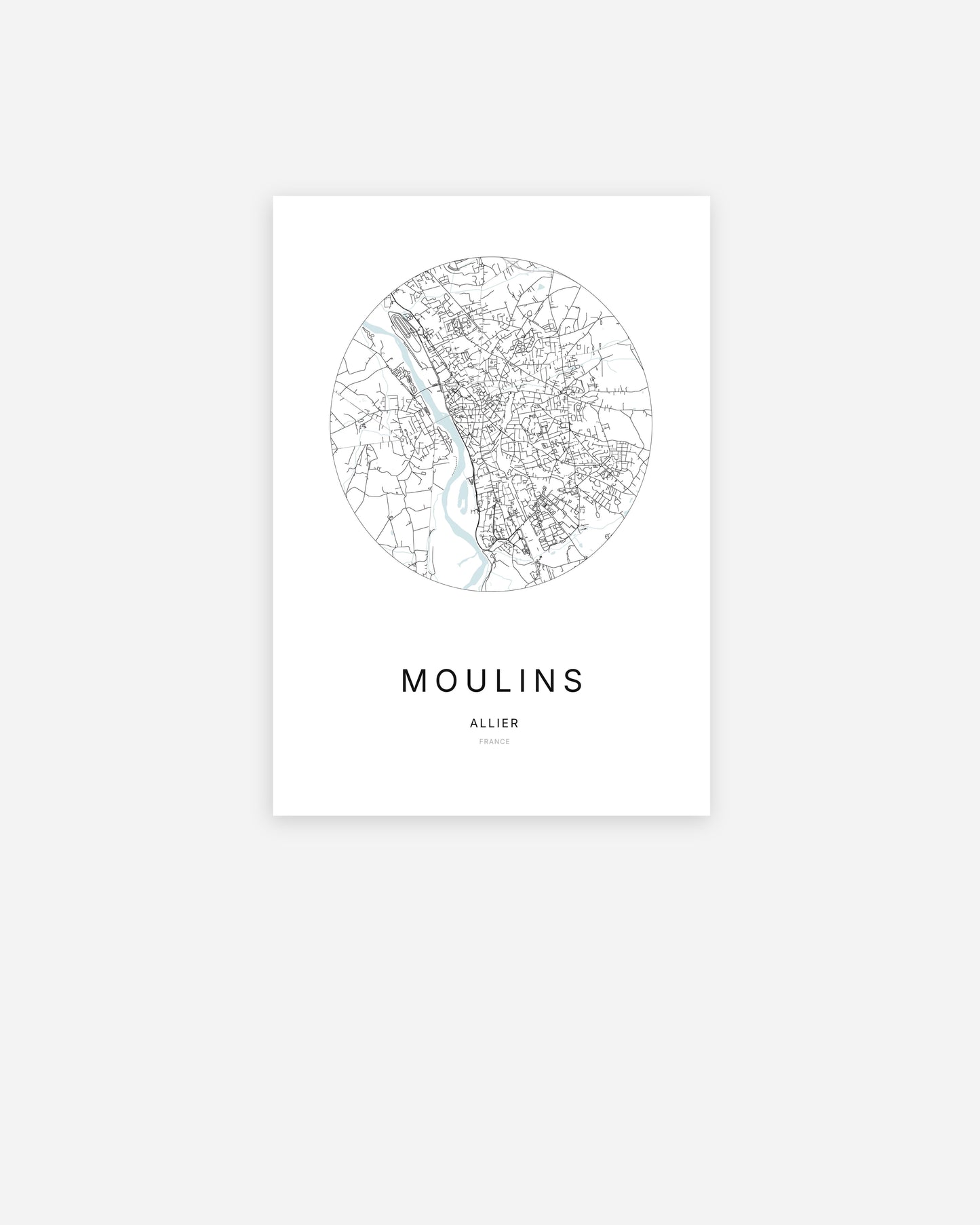Affiche minimaliste de Moulins représentant le plan de la ville en design épuré.