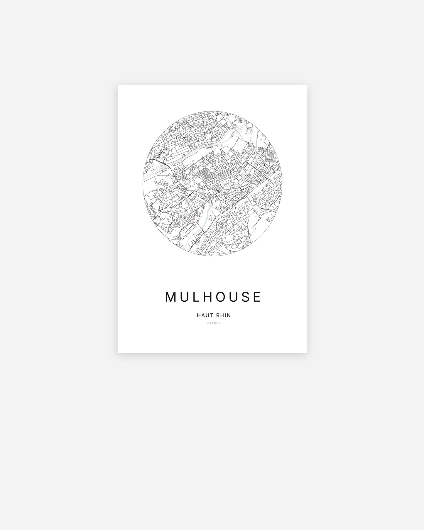 Affiche minimaliste de Mulhouse représentant le plan de la ville en design épuré.