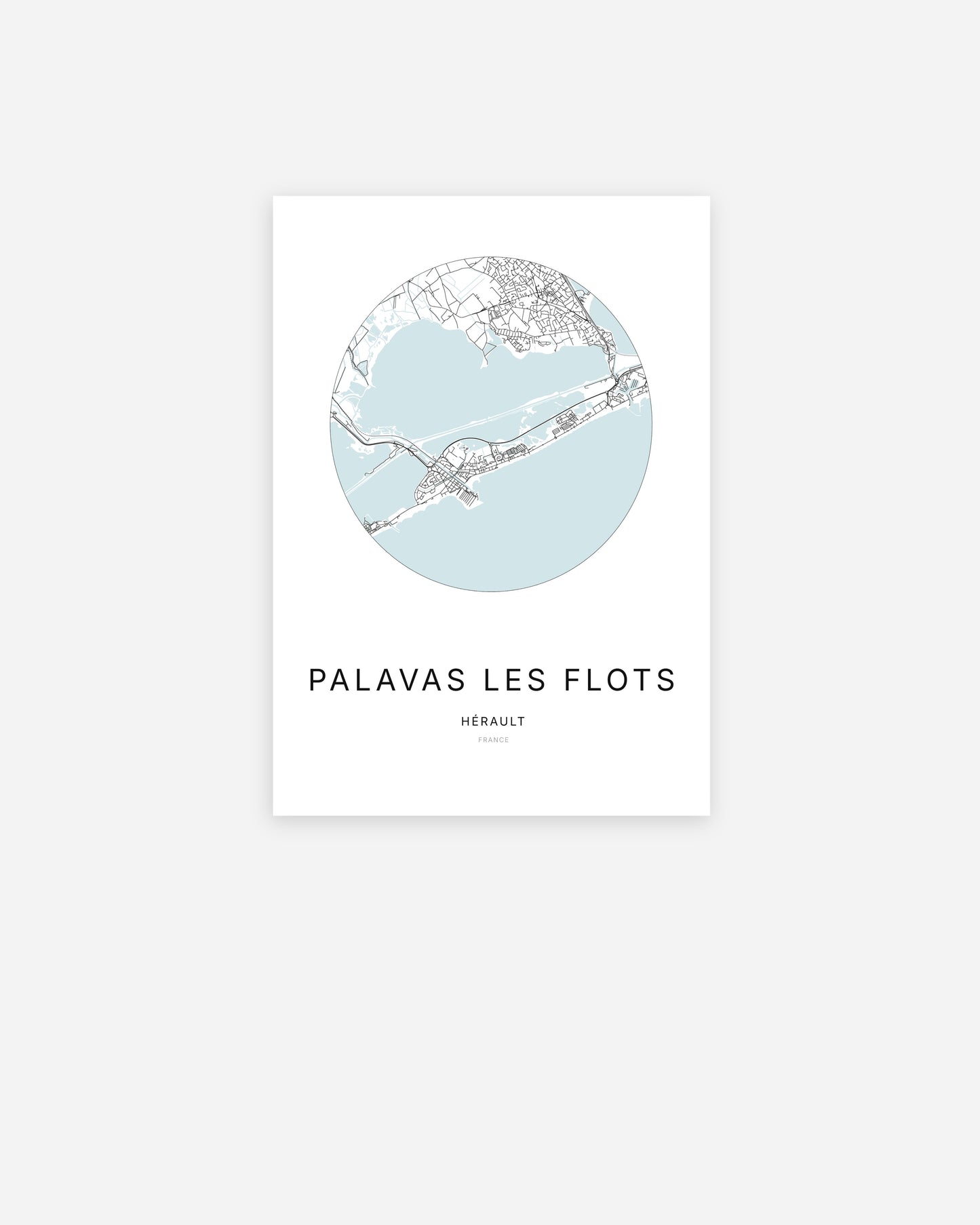 Affiche minimaliste de Palavas-les-Flots représentant le plan de la ville en design épuré.