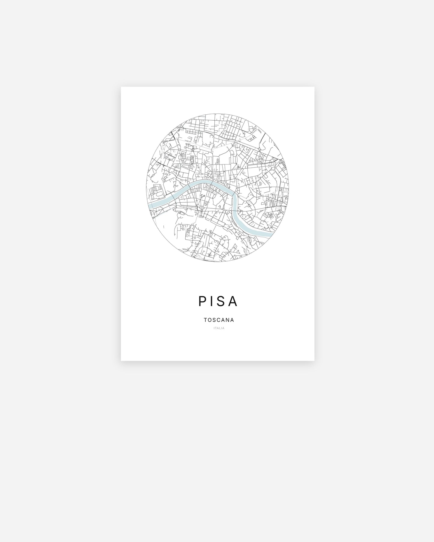 Affiche minimaliste de Pisa représentant le plan de la ville en design épuré.