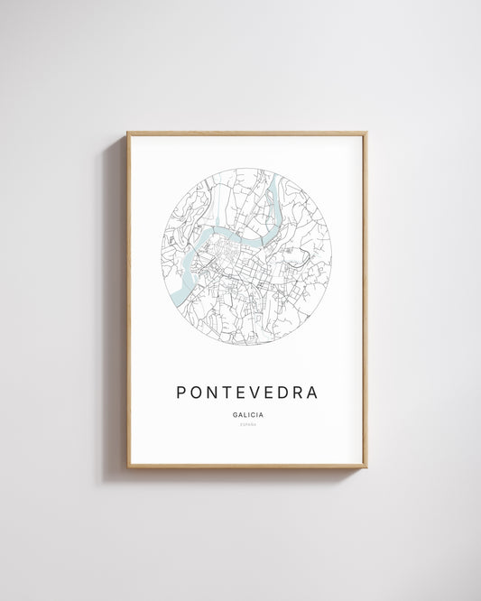 Póster que representa el mapa de la ciudad de Pontevedra.