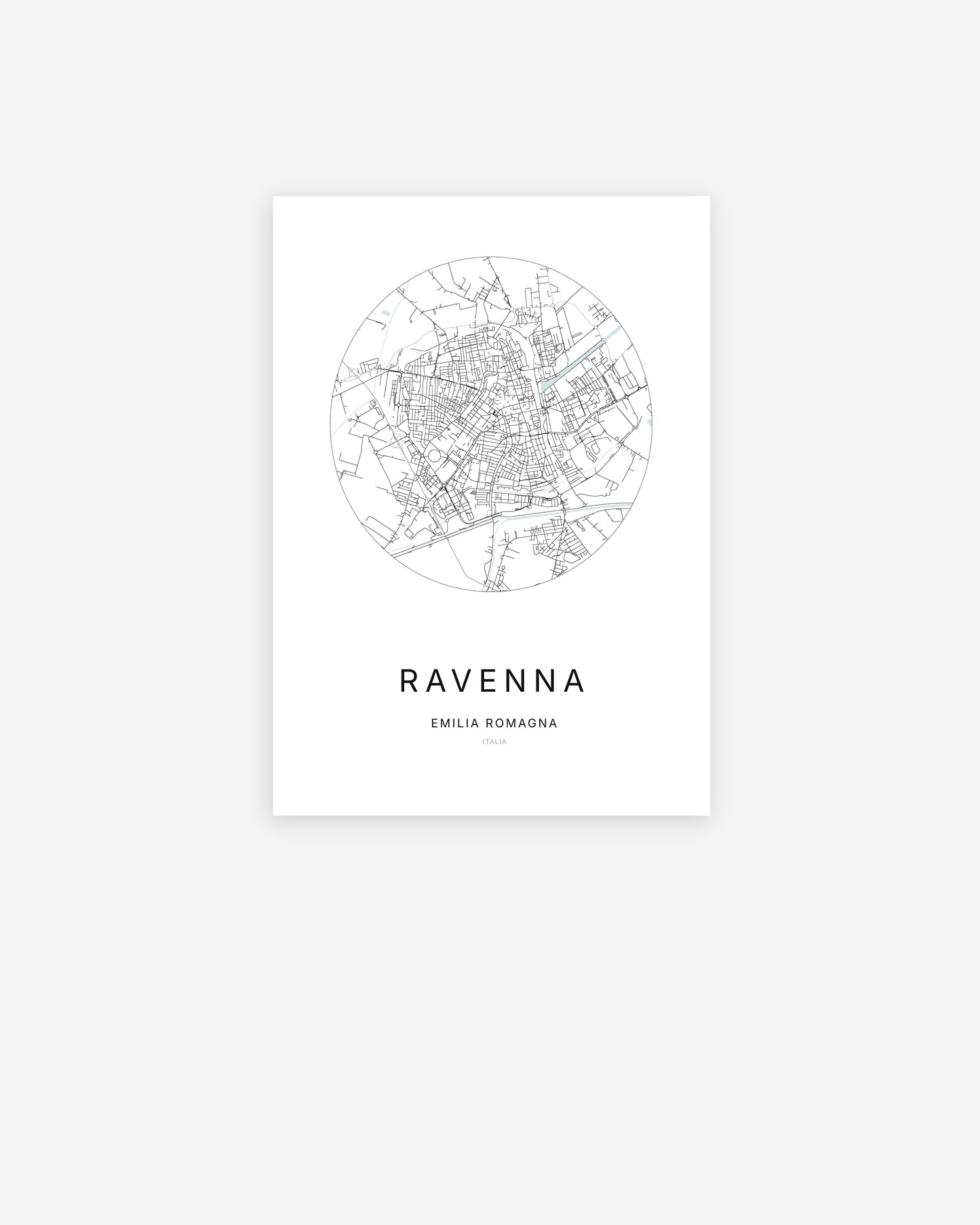 Affiche minimaliste de Ravenna représentant le plan de la ville en design épuré.