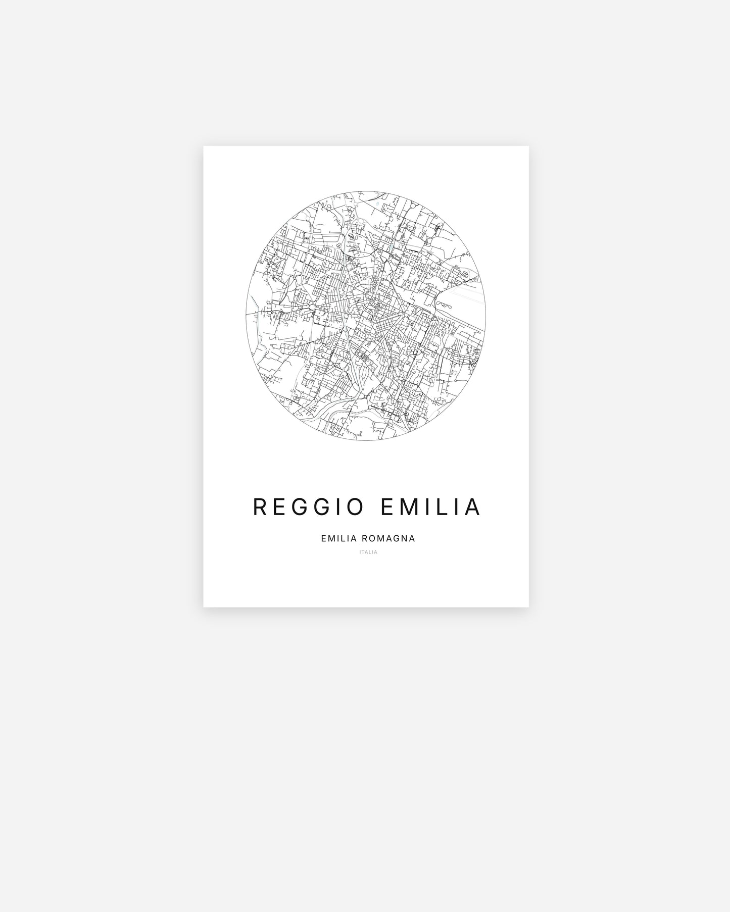 Affiche minimaliste de Reggio Emilia représentant le plan de la ville en design épuré.