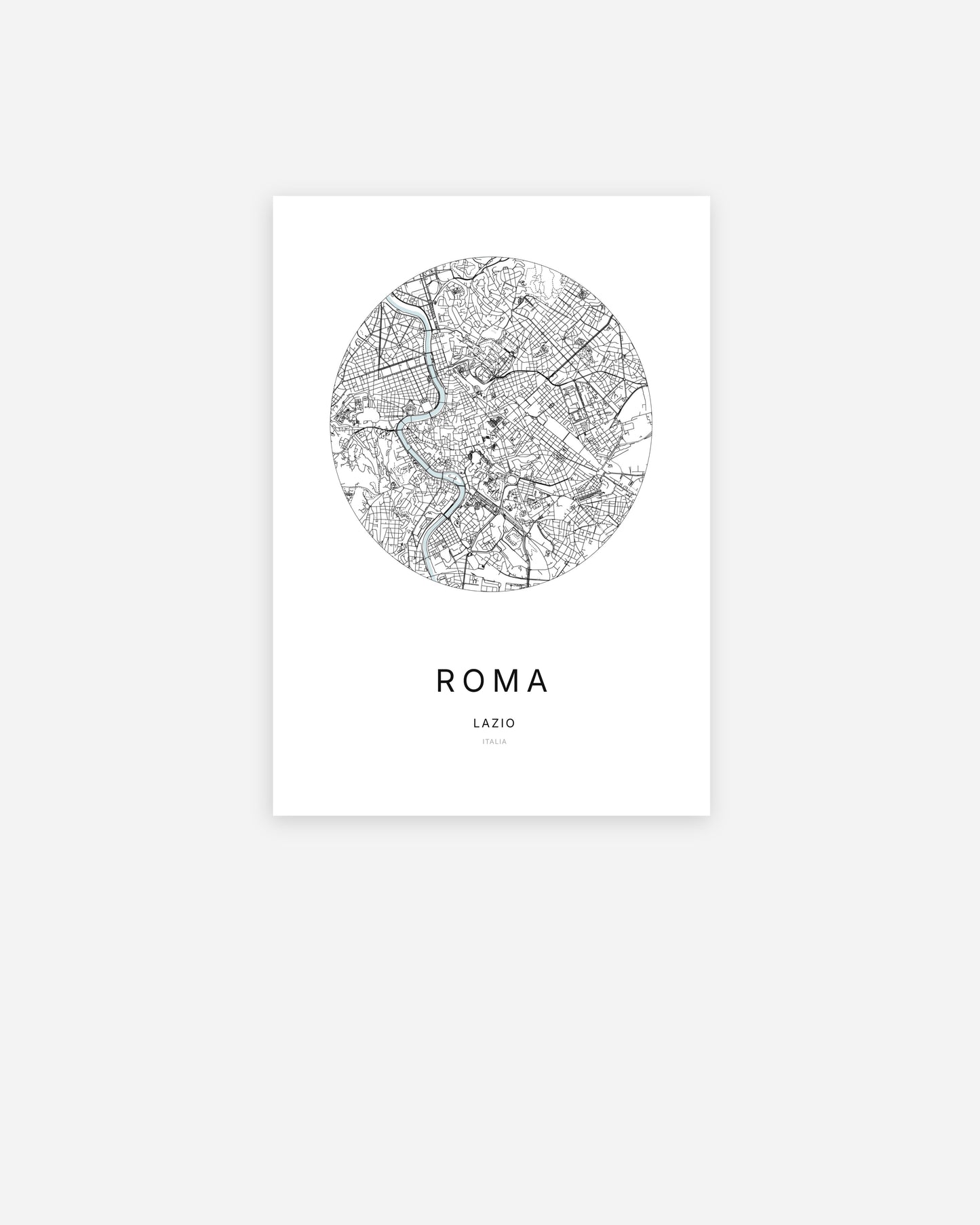 Affiche minimaliste de Roma représentant le plan de la ville en design épuré.
