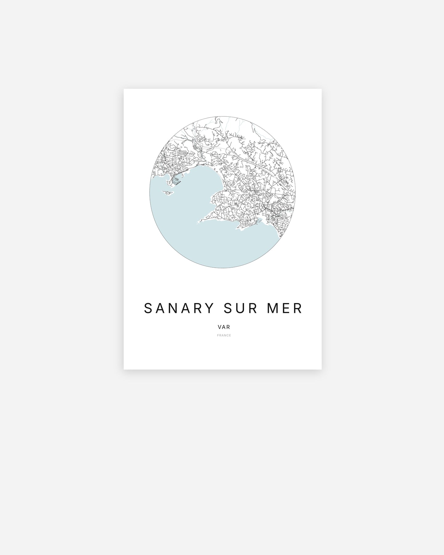 Affiche minimaliste de Sanary-sur-Mer représentant le plan de la ville en design épuré.
