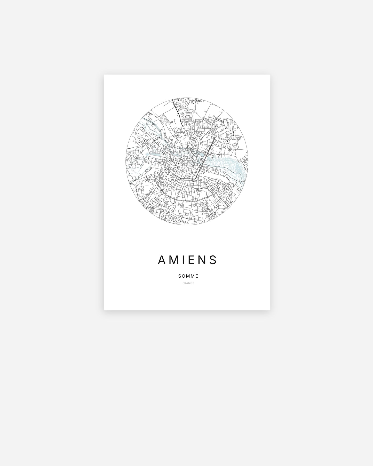 Affiche minimaliste de Amiens représentant le plan de la ville en design épuré.