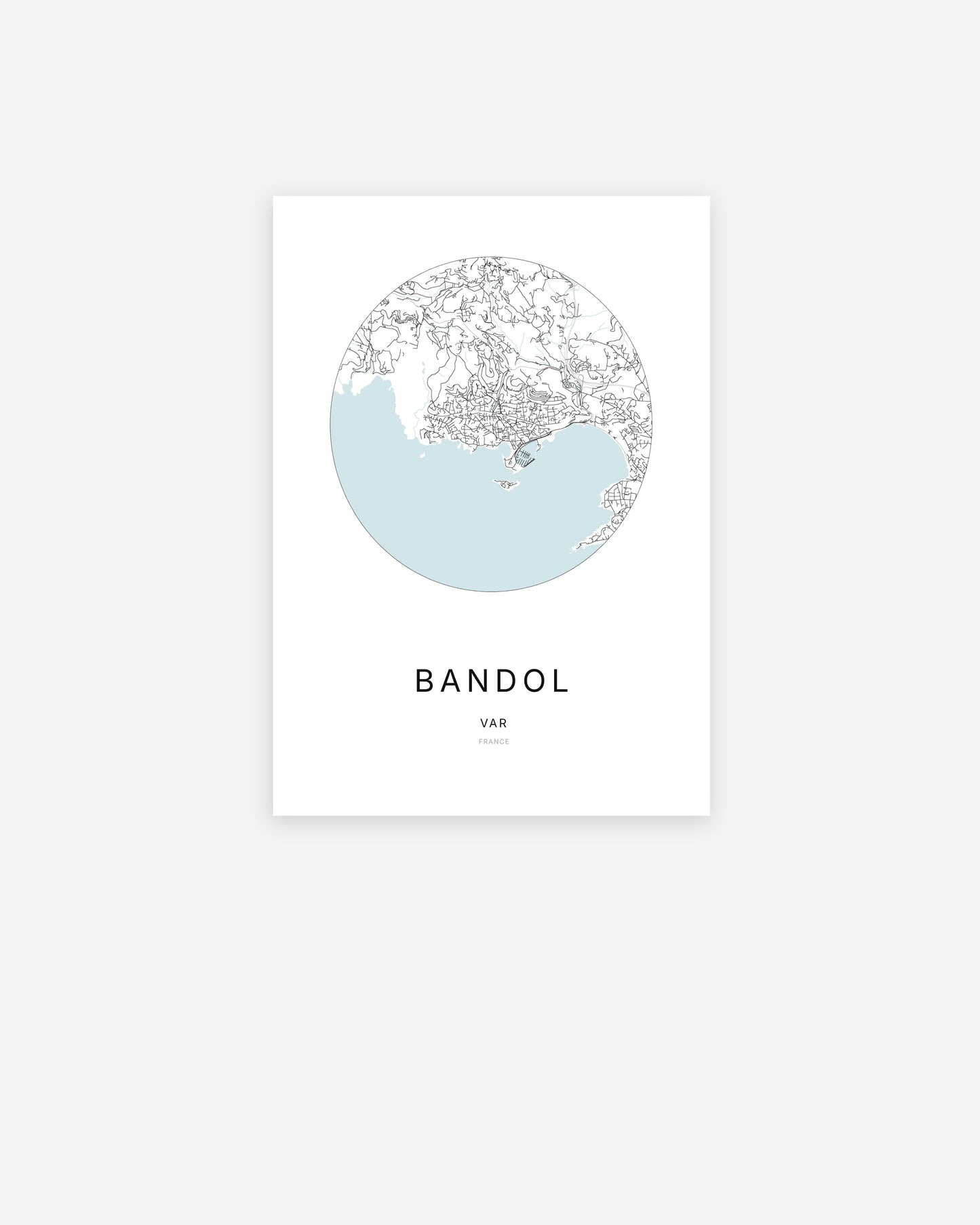 Affiche minimaliste de Bandol représentant le plan de la ville en design épuré.