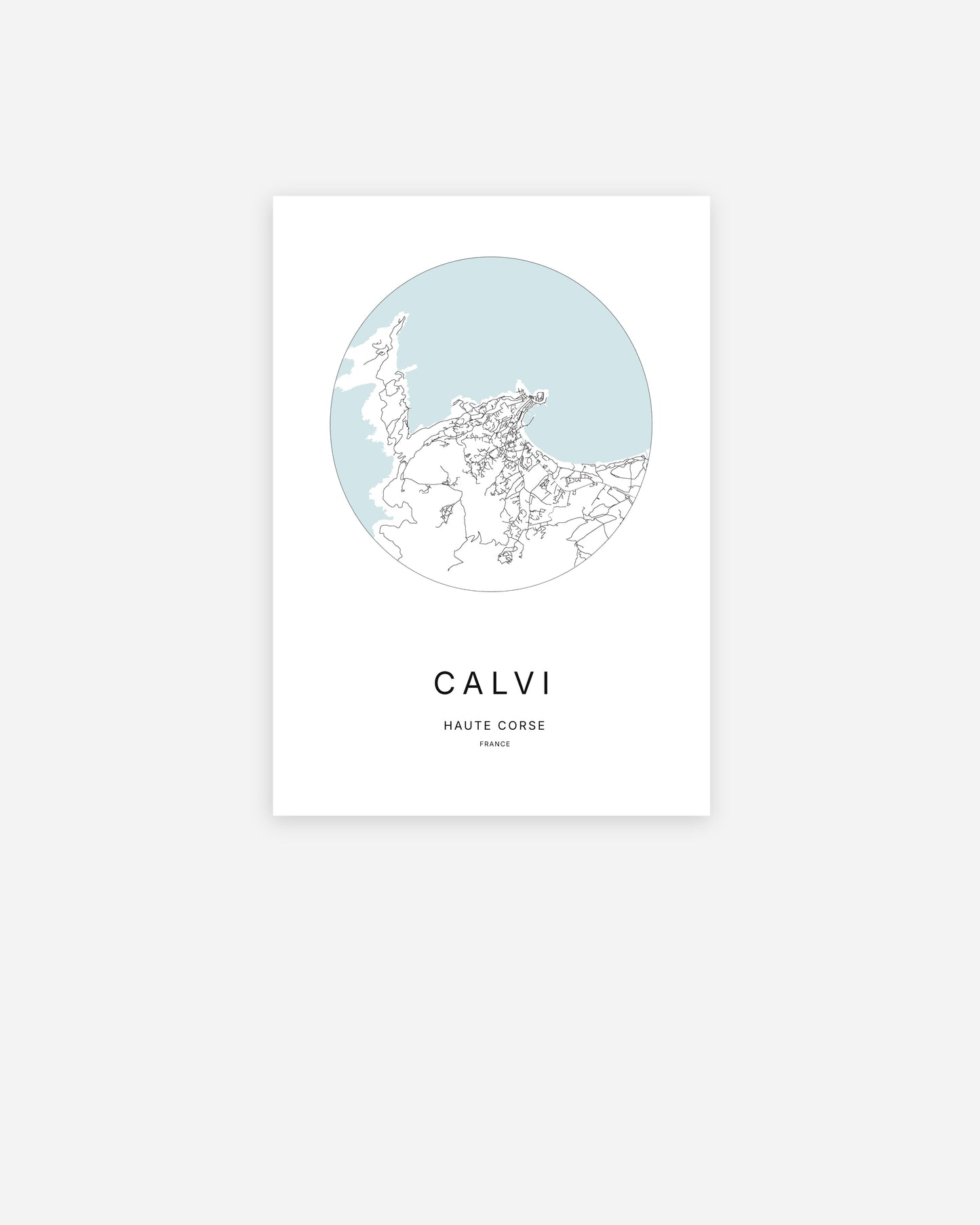 Affiche minimaliste de Calvi représentant le plan de la ville en design épuré