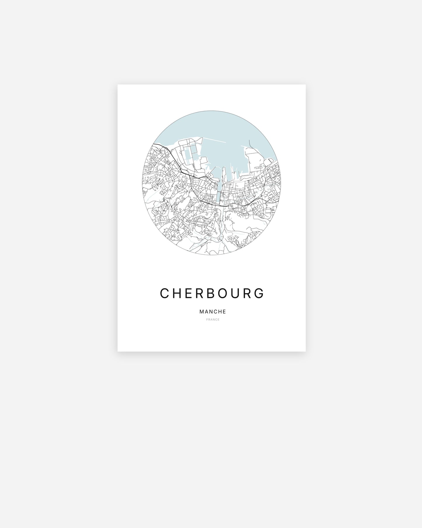 Affiche minimaliste de Cherbourg représentant le plan de la ville en design épuré.