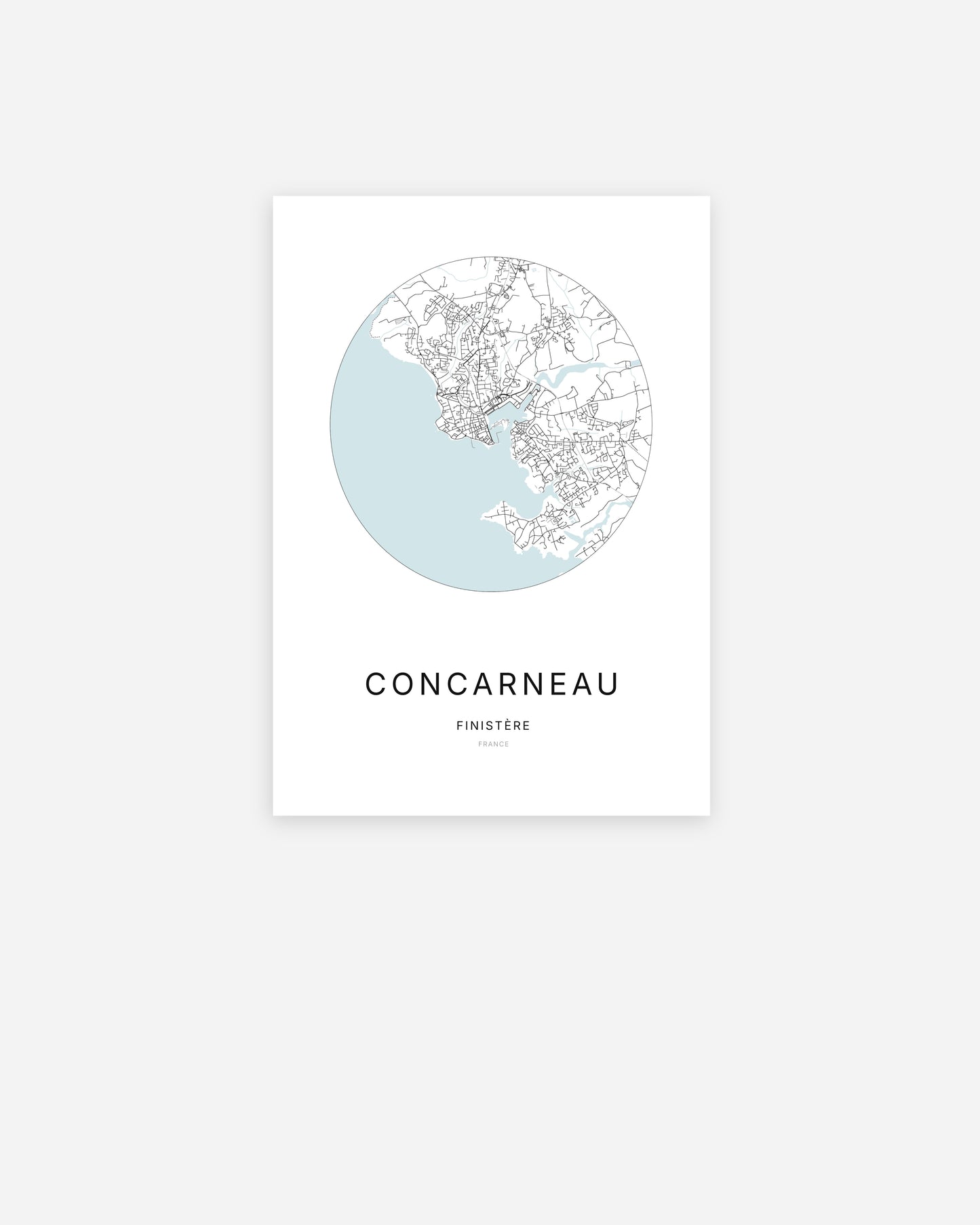 Affiche minimaliste de Concarneau représentant le plan de la ville en design épuré.
