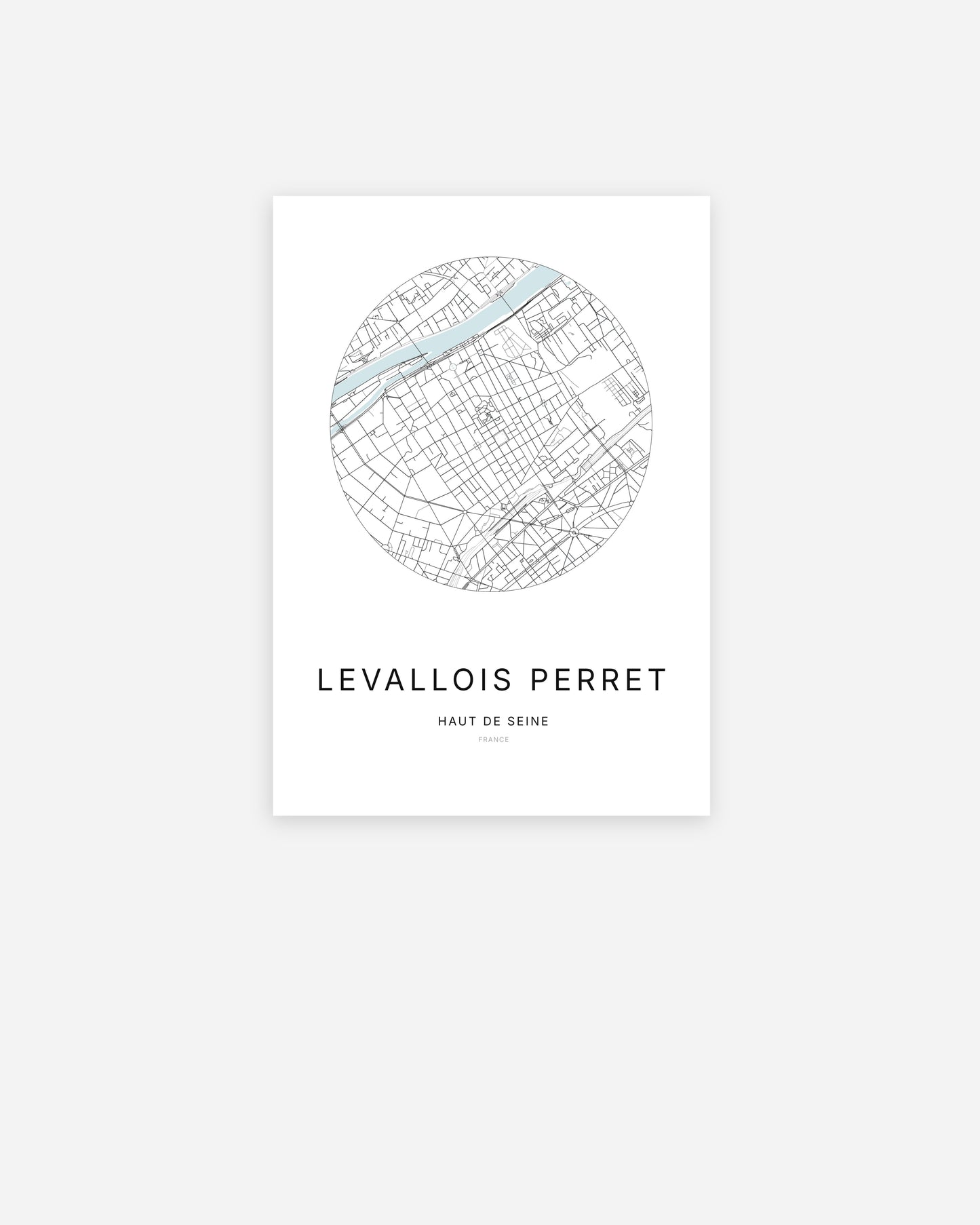 Affiche minimaliste de Levallois-Perret représentant le plan de la ville en design épuré.