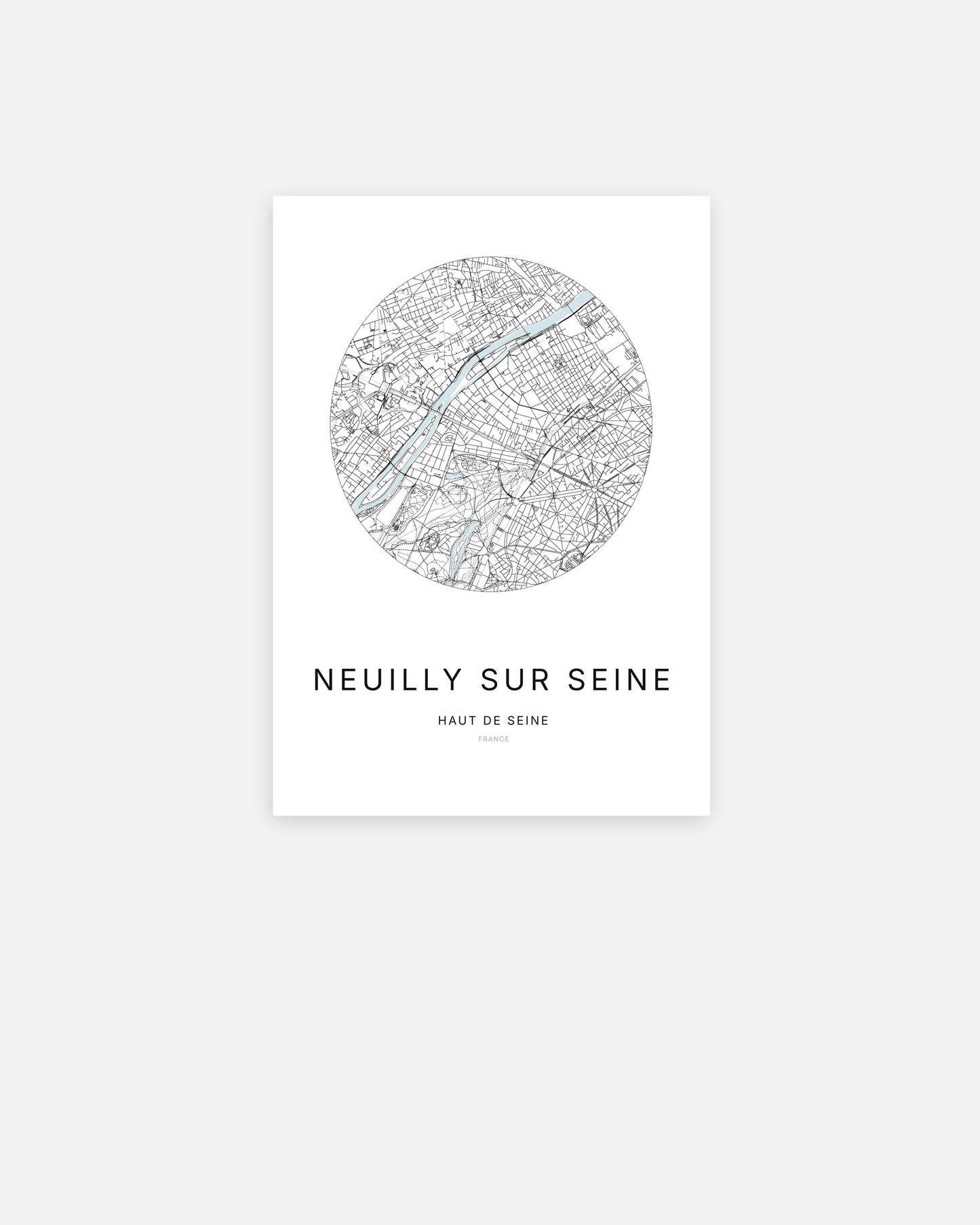 Affiche minimaliste de Neuilly-sur-Seine représentant le plan de la ville en design épuré.