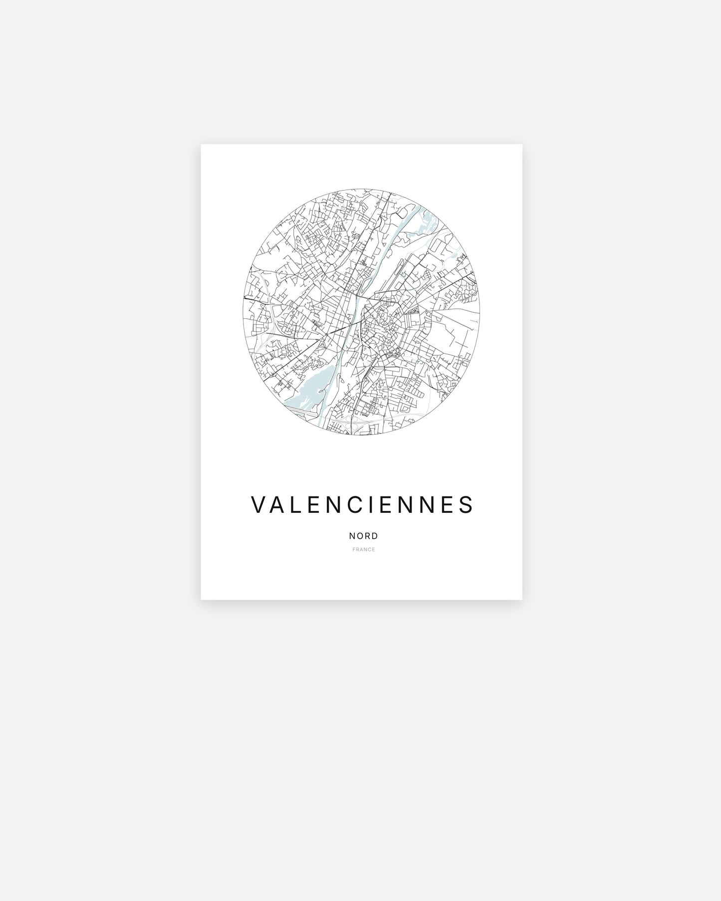 Affiche minimaliste de Valenciennes représentant le plan de la ville en design épuré.