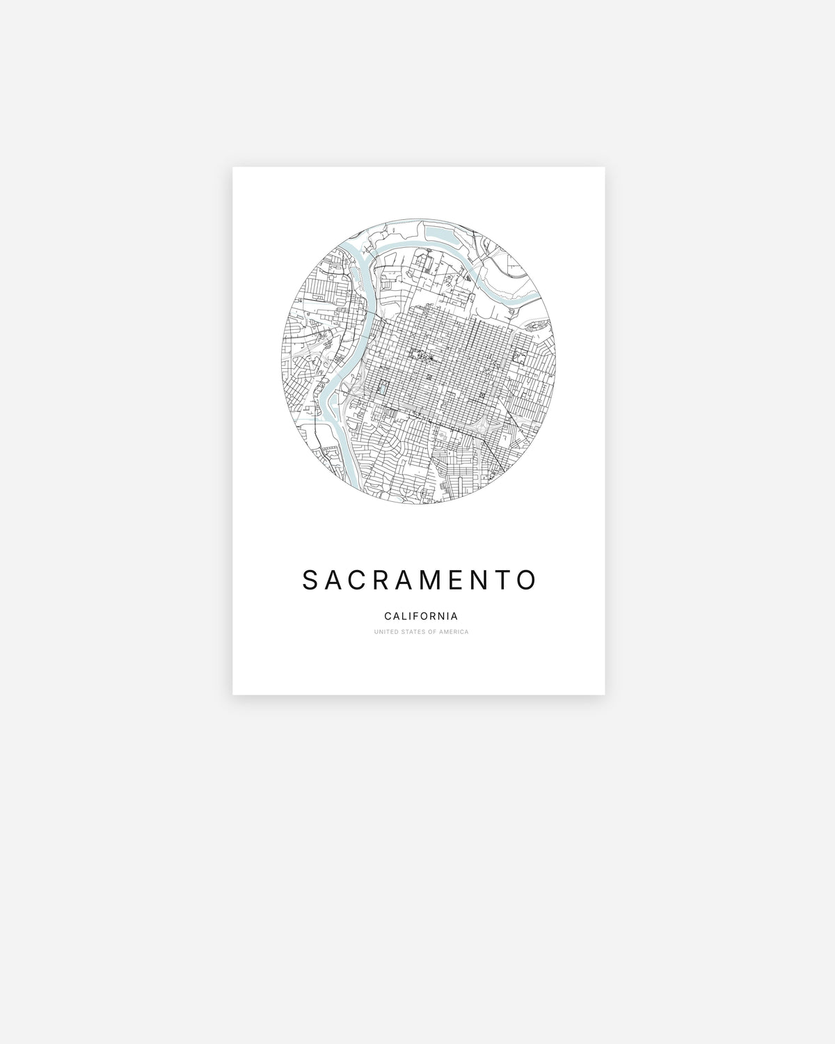 Minimalist city map of Sacramento, California.