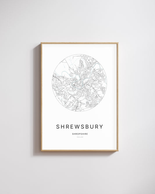 Poster représentant le plan de la ville de Shrewsbury.