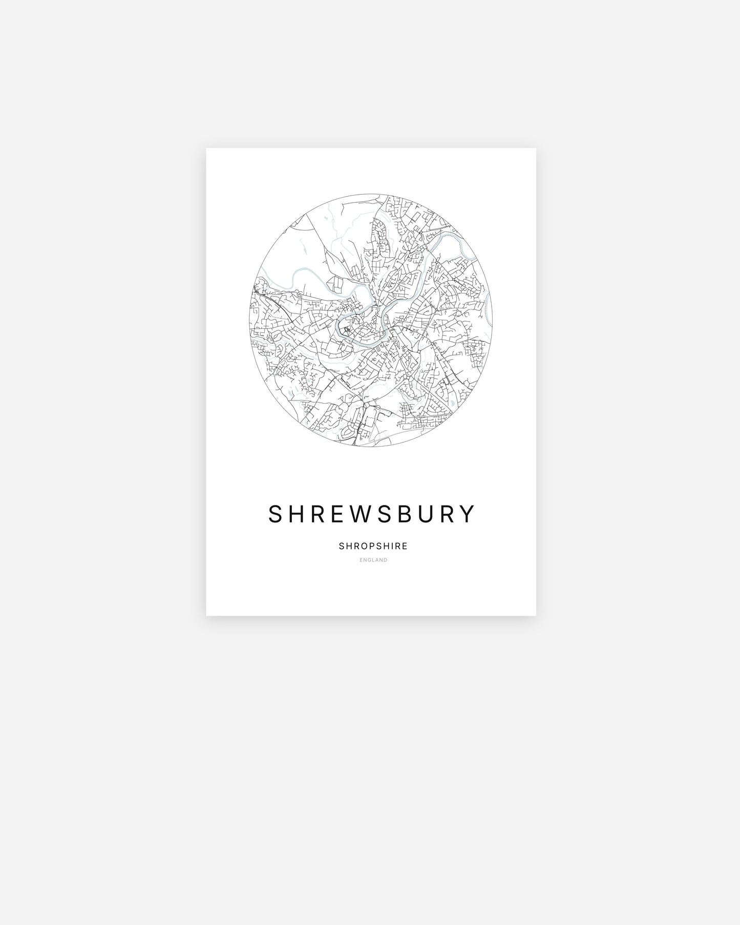 Plan de la ville de Shrewsbury au design minimaliste.