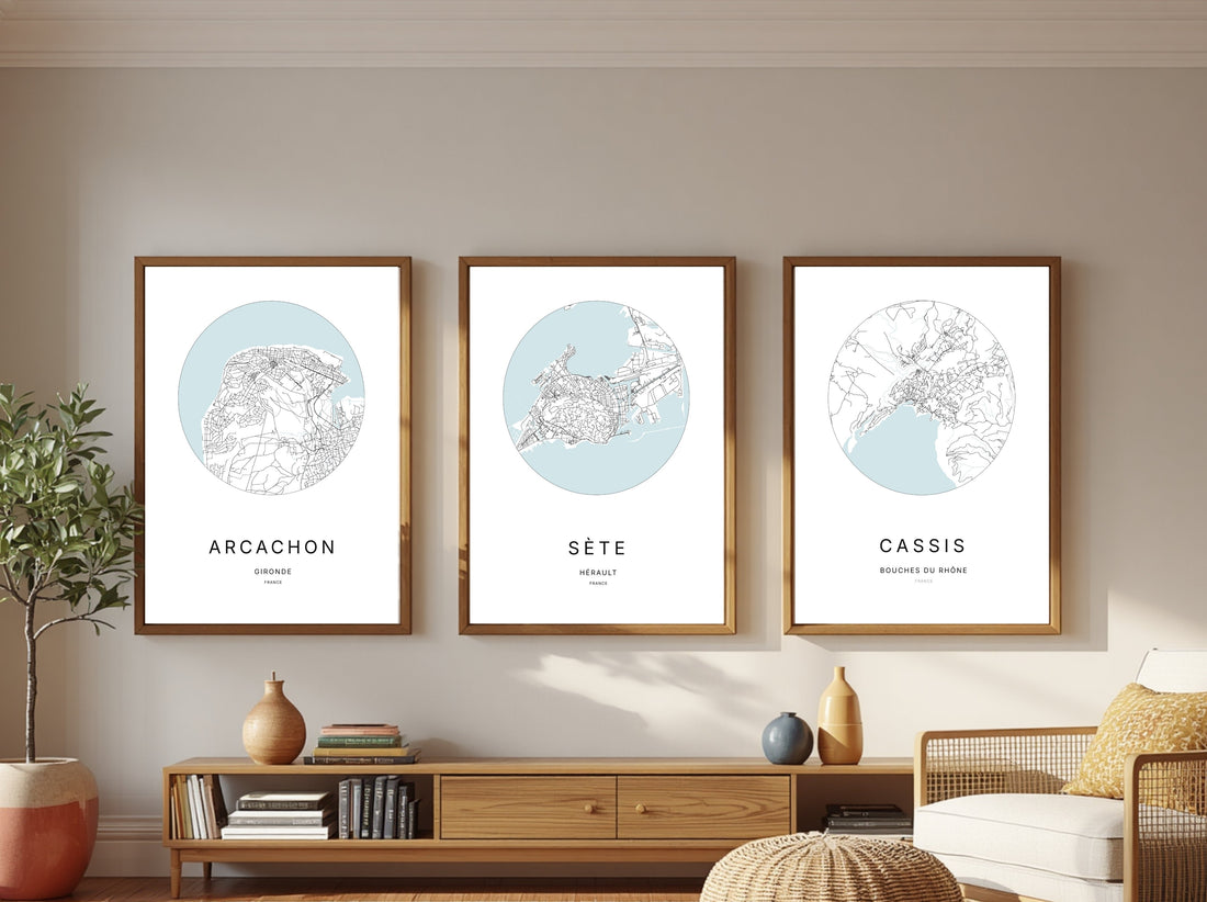 Trio d'affiches de villes côtières françaises : Arcachon, Sète et Cassis – posters minimalistes City Origin.