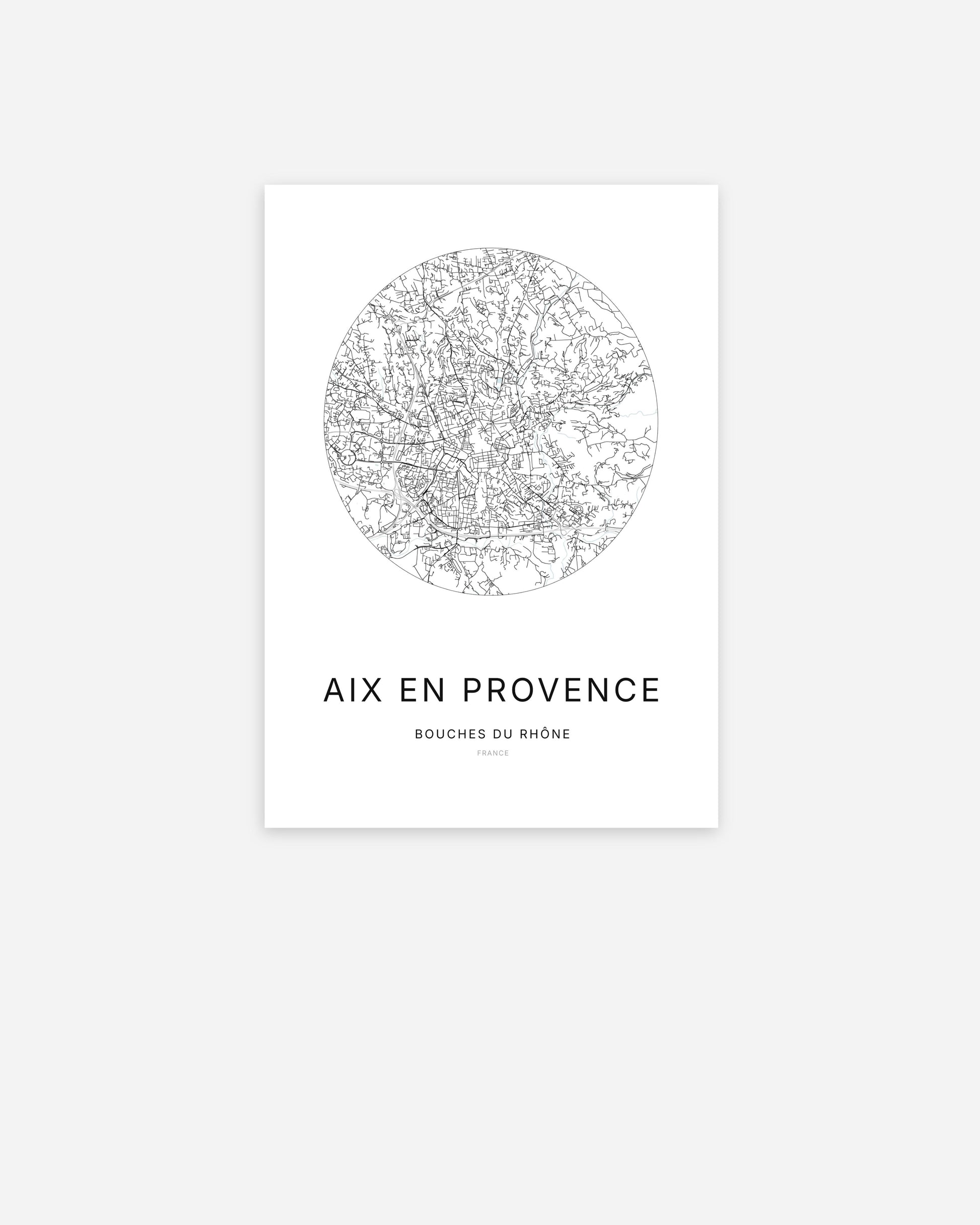 Affiche minimaliste d’Aix-en-Provence représentant le plan de la ville en design épuré.